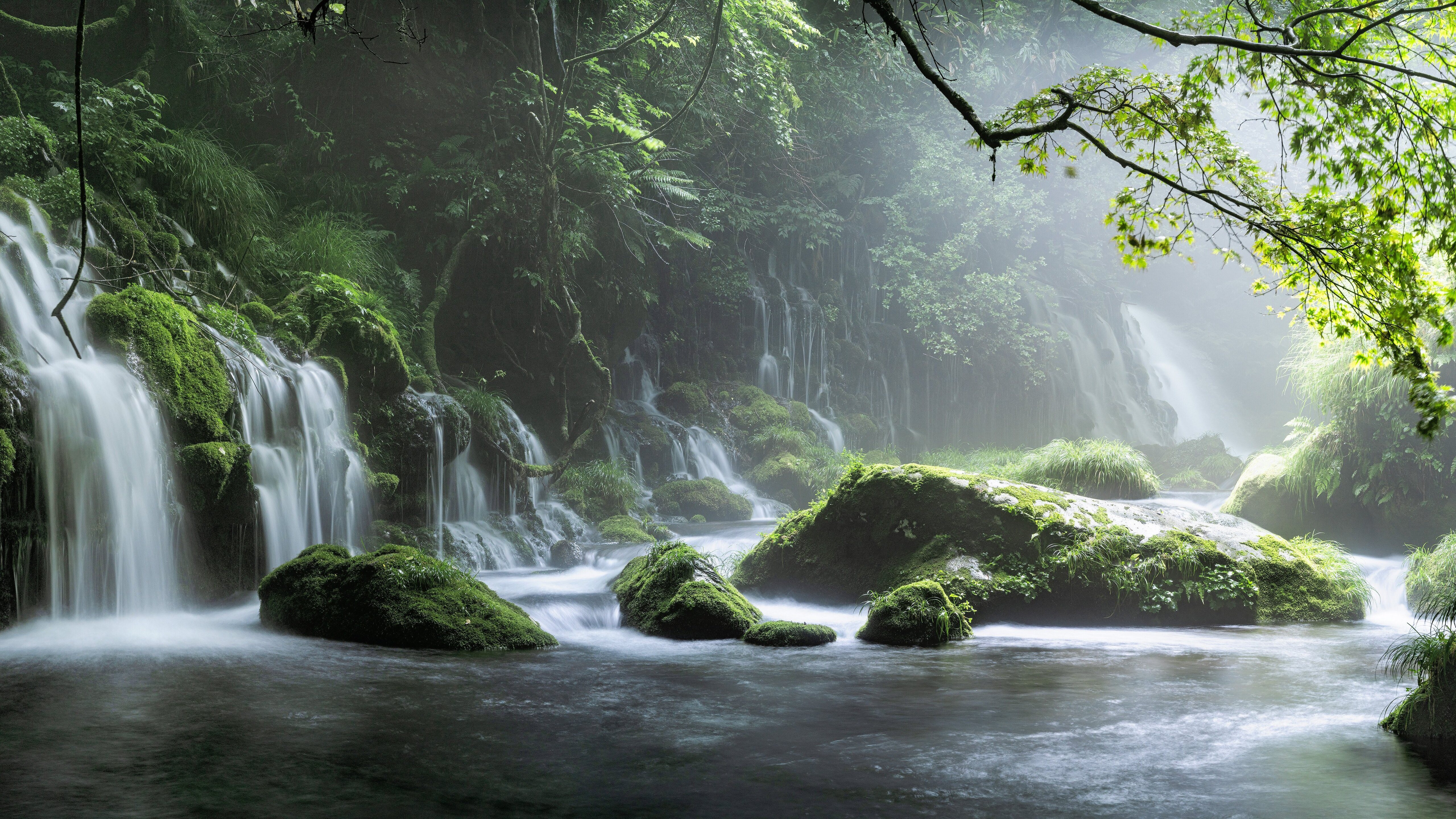 spring waterfall stone fog mist green forest 8k Mac Wallpaper Download