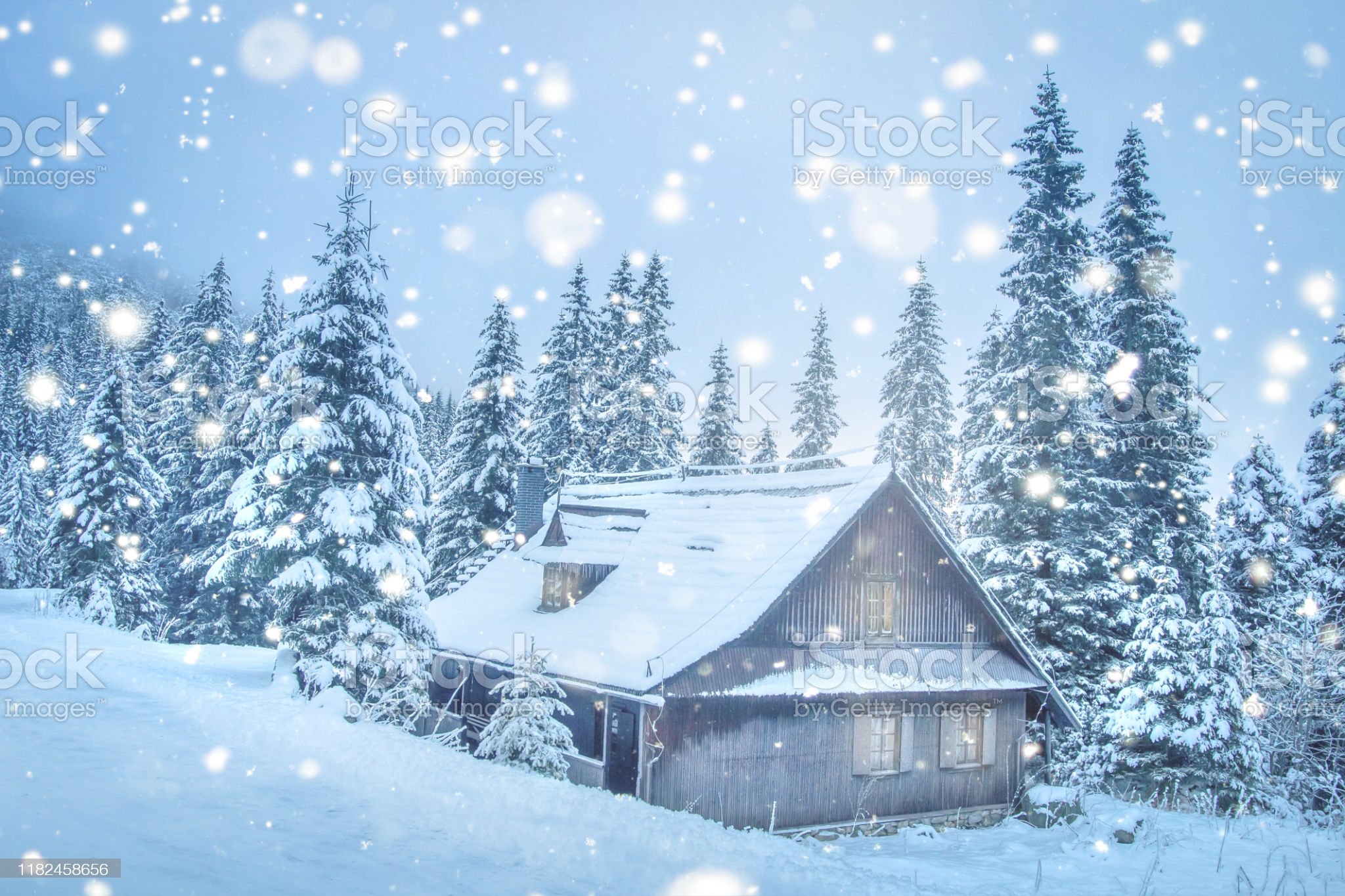 Christmas Background Winter Scene With Cozy Wooden House In Mountains In Snowfall Xmas Scene Winter Landscape Image Now