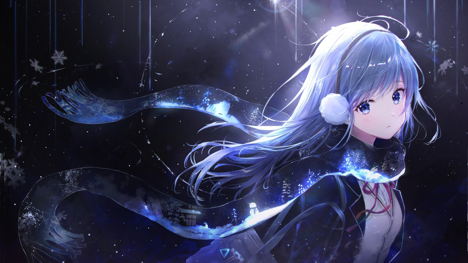 Download 1920x1080 Earmuffs, Cute Anime Girl, Blue Eyes, Blushes, Scarf, Night, Blue Hair Wallpaper for Widescreen