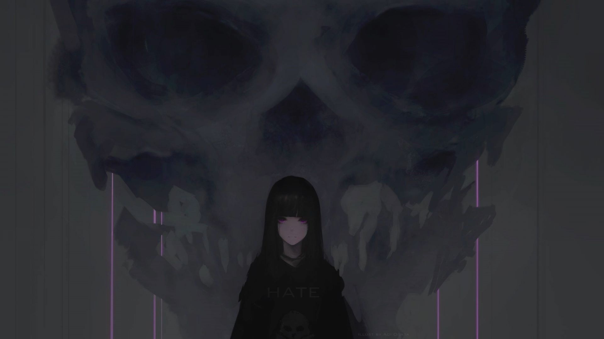 Anime girl, purple eyes, dark, skull wallpaper, HD image, picture, background, b59bef