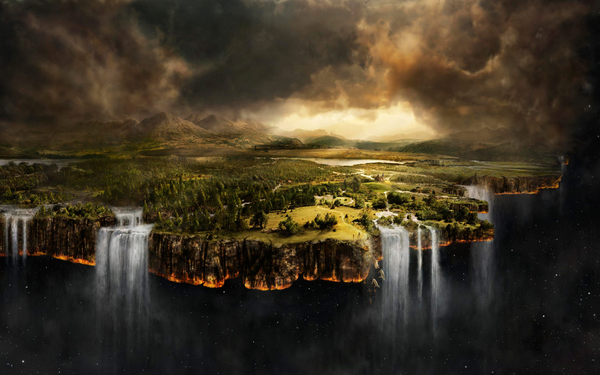 Waterfall Fantasy Art Space Matte Painting Landscape Clouds Digital Art Sky