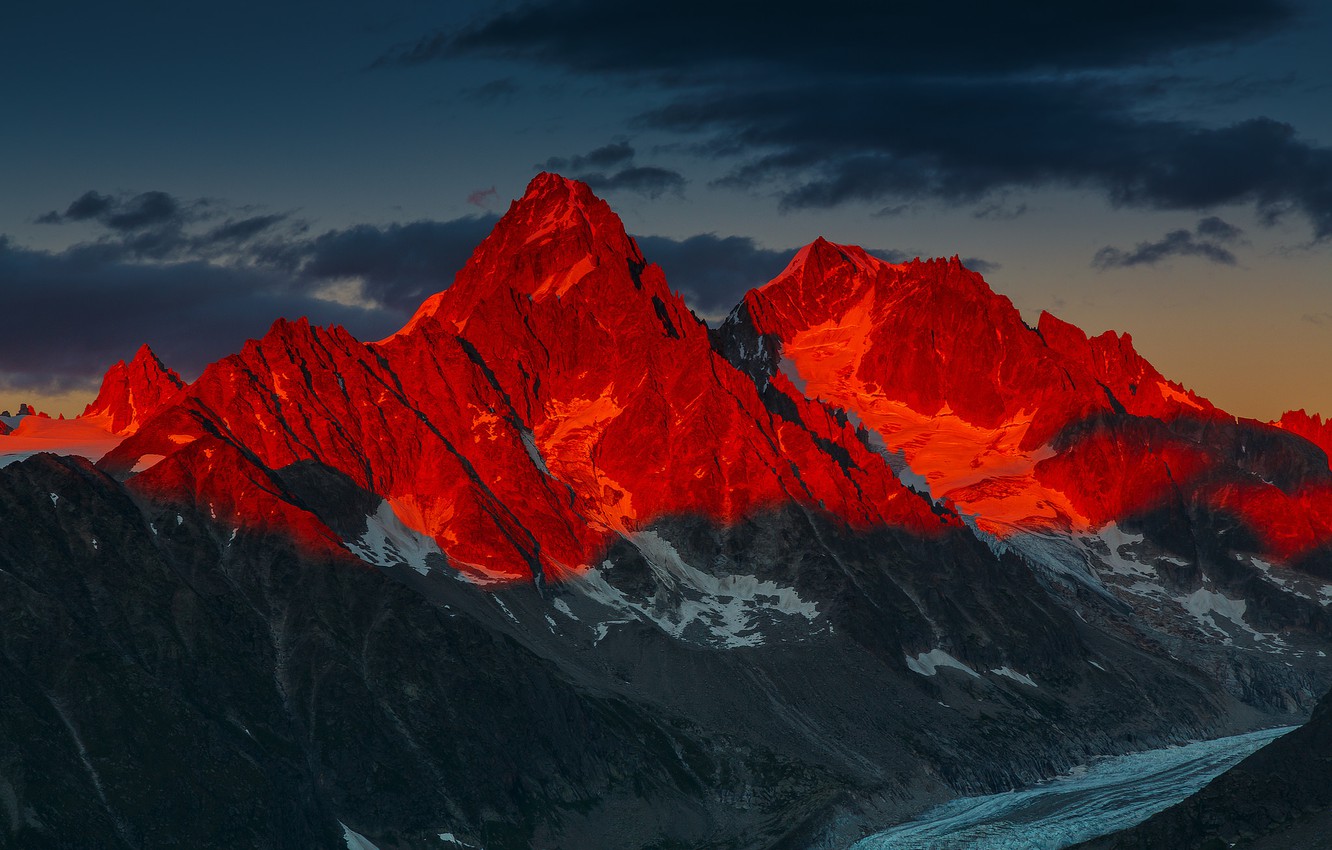 Wallpaper Sunset, Mountains, French Alps, Alpenglow Over the Glacier d'Argentiere image for desktop, section пейзажи