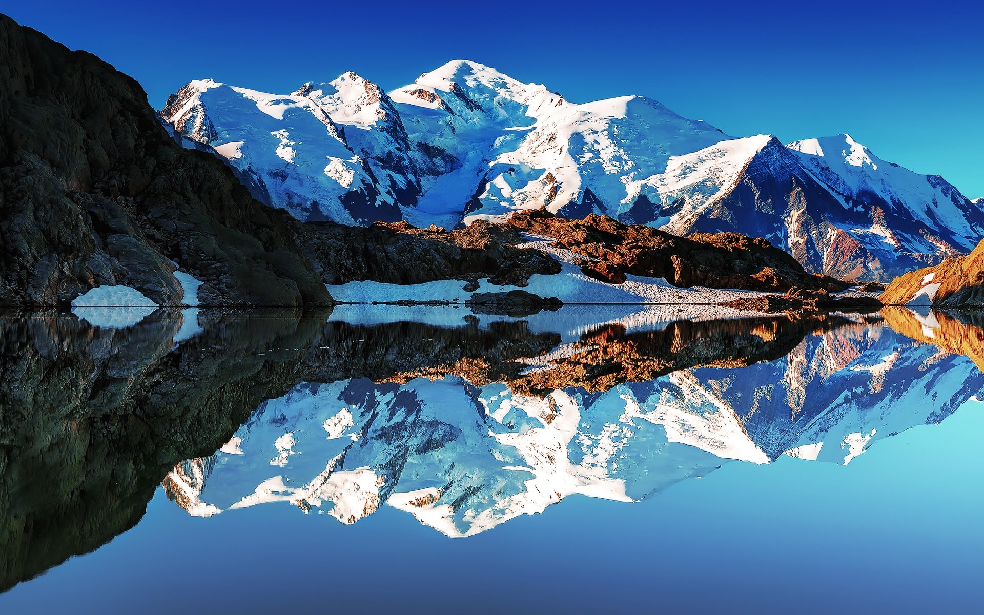 Wallpaper France, Alps, Mont Blanc, white mountains, lake, reflections, mirror 1920x1200 HD Picture, Image