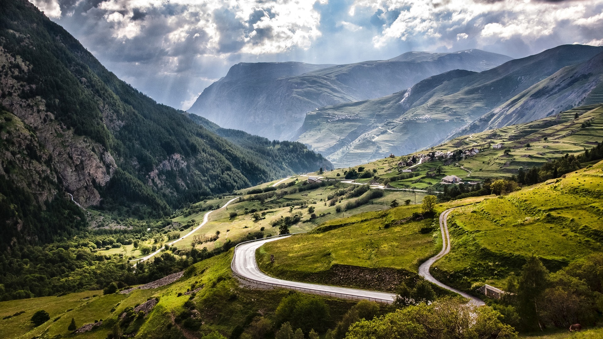 Wallpaper France, Alps, mountains, fields, roads, village, clouds, sun rays 1920x1200 HD Picture, Image