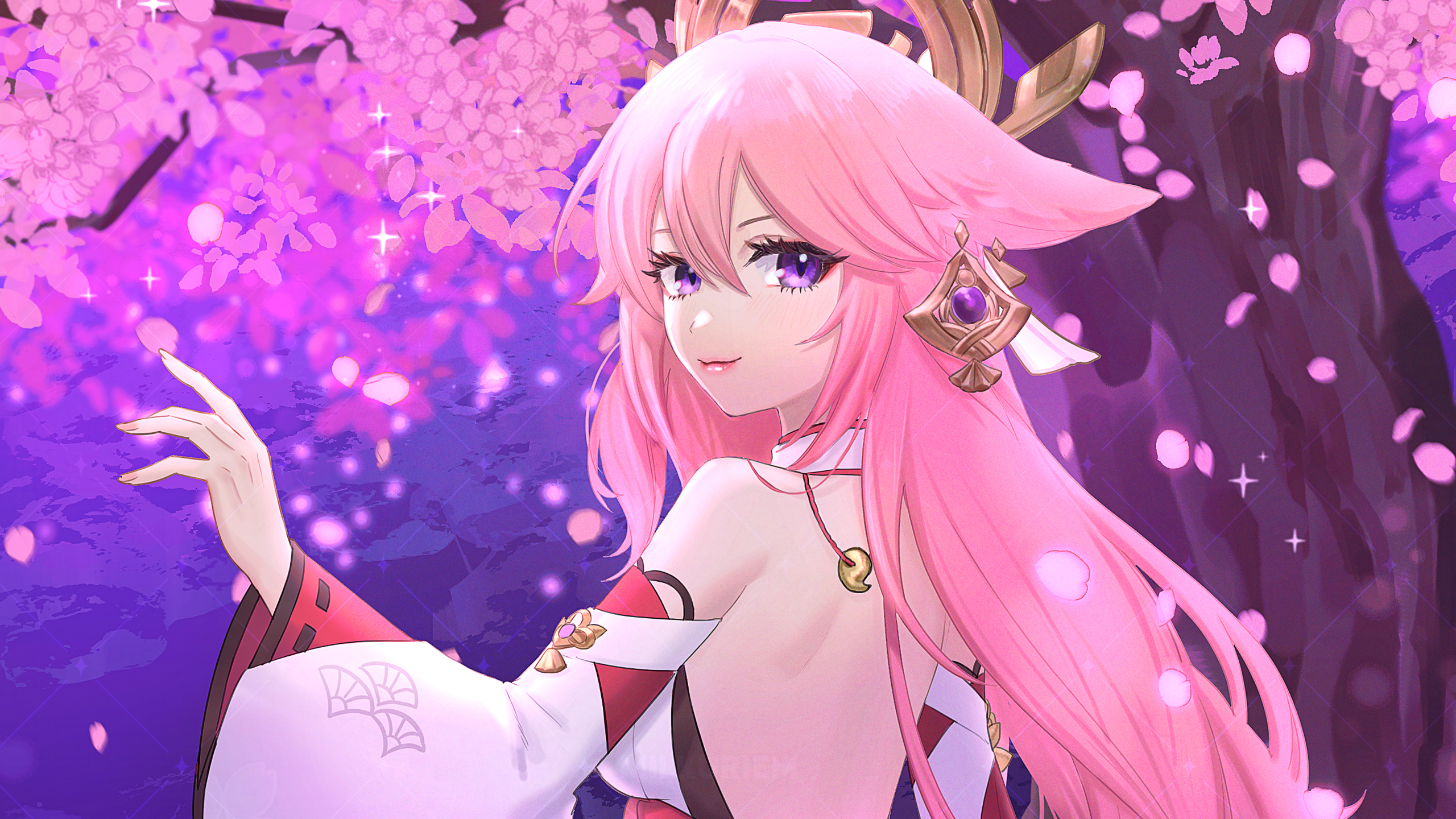 Purple Eyes Pink Hair Yae Miko HD Genshin Impact Wallpaper