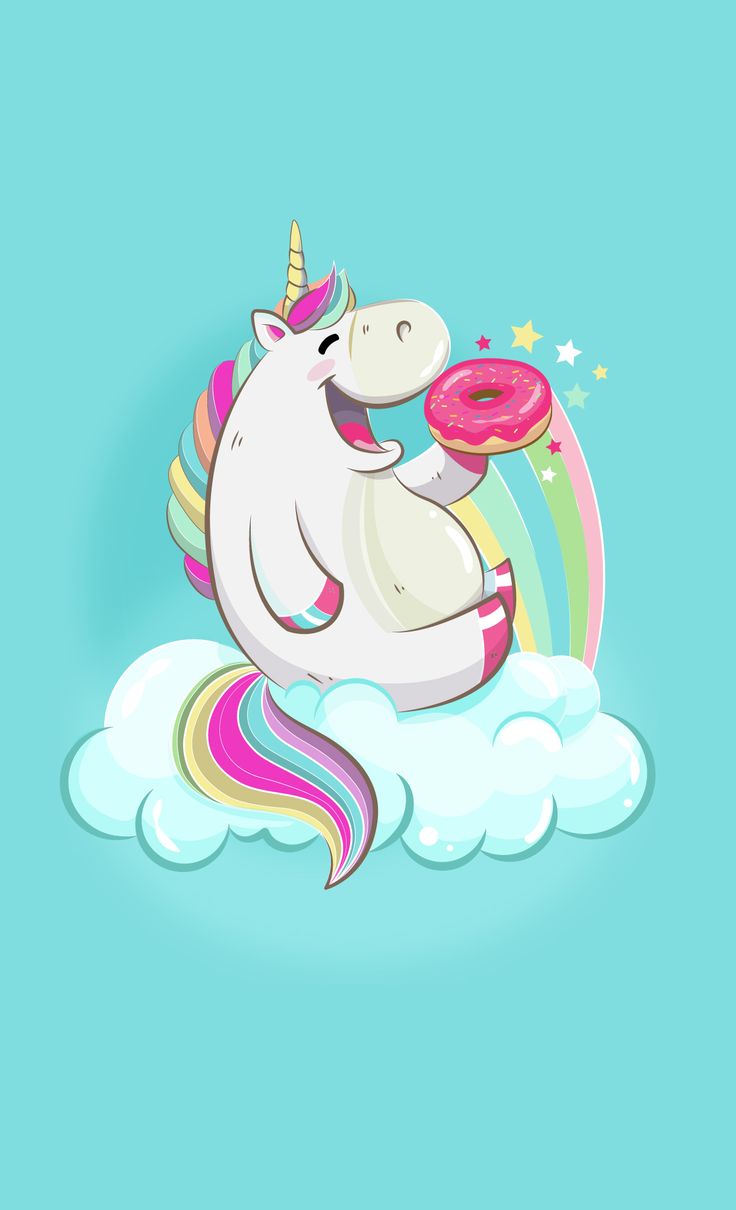 Happy Unicorn eating a jelly Donut on a cloud with a magic Rainbow. Unicorn wallpaper cute, Unicorn drawing, Unicorn wallpaper