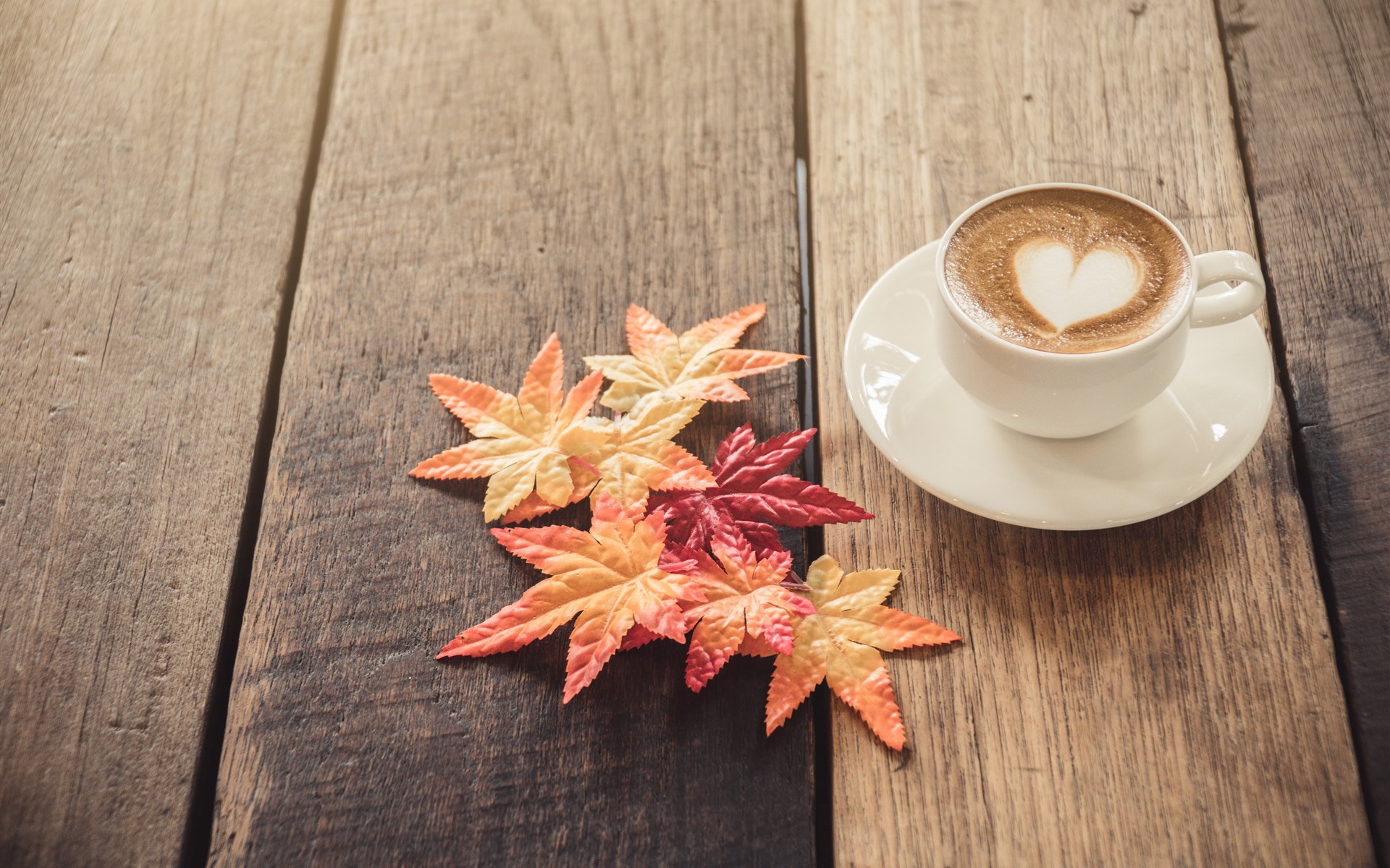 Wallpaper White cup, coffee, maple leaves, wood board 5120x2880 UHD 5K Picture, Image