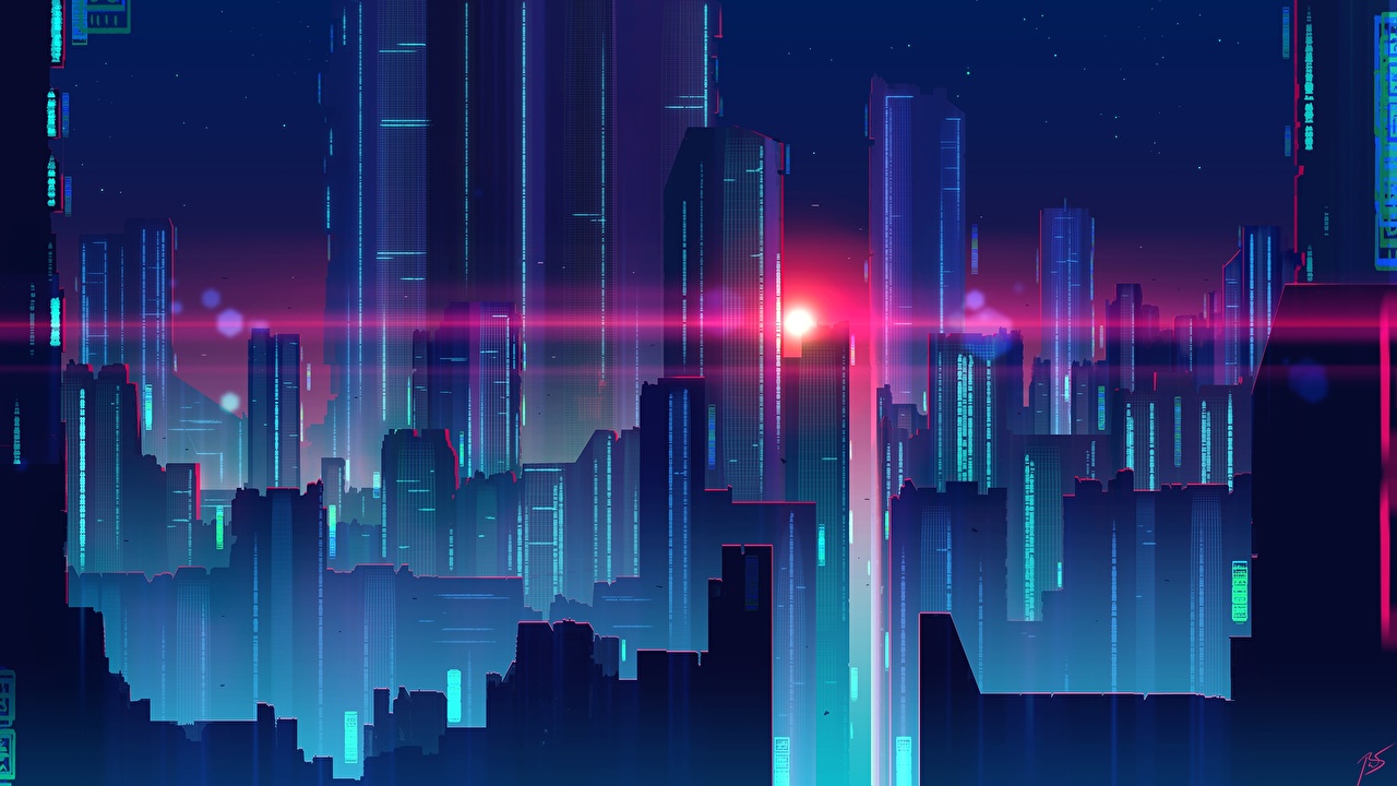 Wallpaper Synthwave by Joey Jazz Skyscrapers Houses Cities