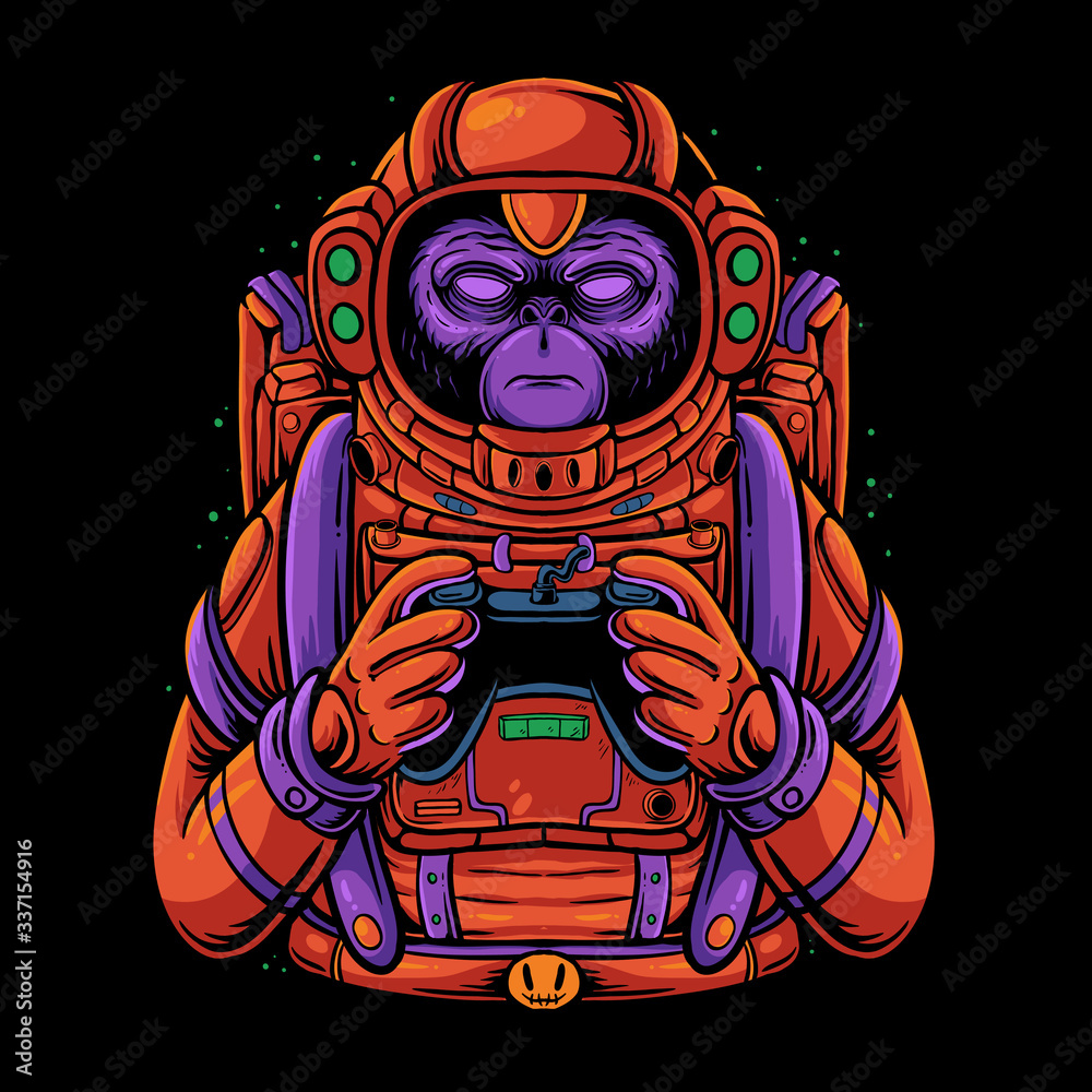 Space Monkey Holding Game Controller Illustration. Monkey Gamer Design For T Shirt, Poster, Or Sticker Stock Vector