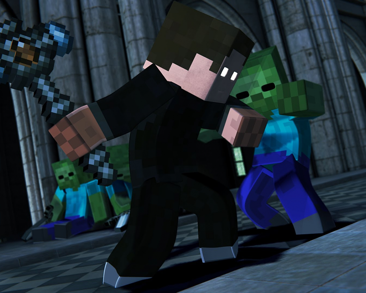 Download Two Minecraft Players engaged in an intense battle Wallpaper