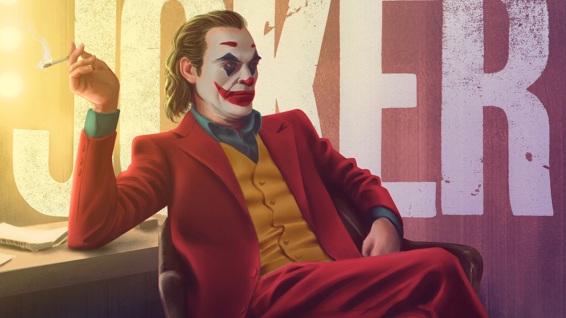 Joker Joaquin Phoenix Sitting Wearing Red Dress With Background Of Joker Painting On Wall HD Joker Wallpaper
