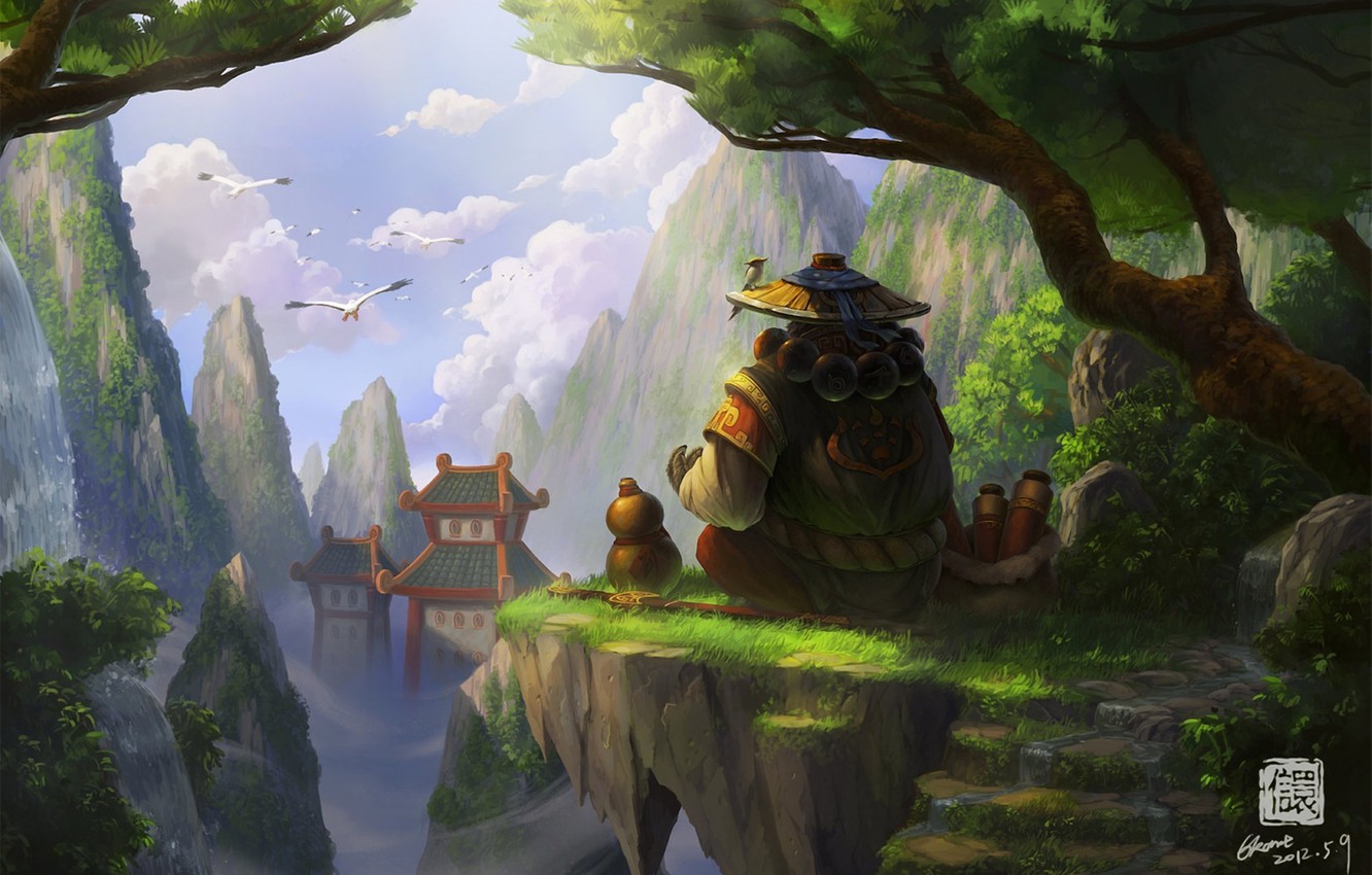 Wallpaper trees, birds, rocks, Asia, height, hat, art, Panda, stage, temple, World of Warcraft, Mists of Pandaria image for desktop, section игры