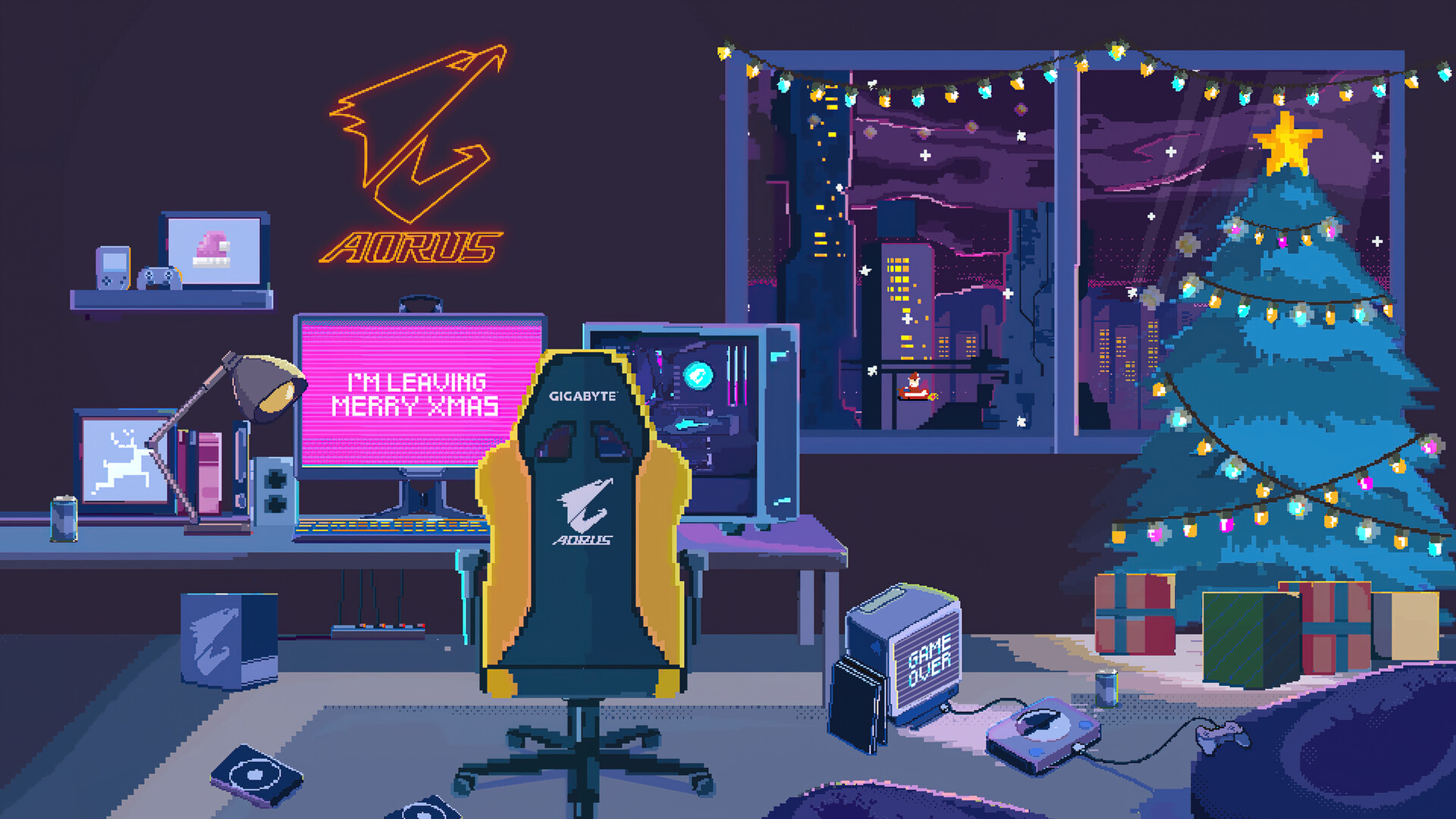 AORUS Christmas Pixel Art PC DeskK Wallpaper free Download