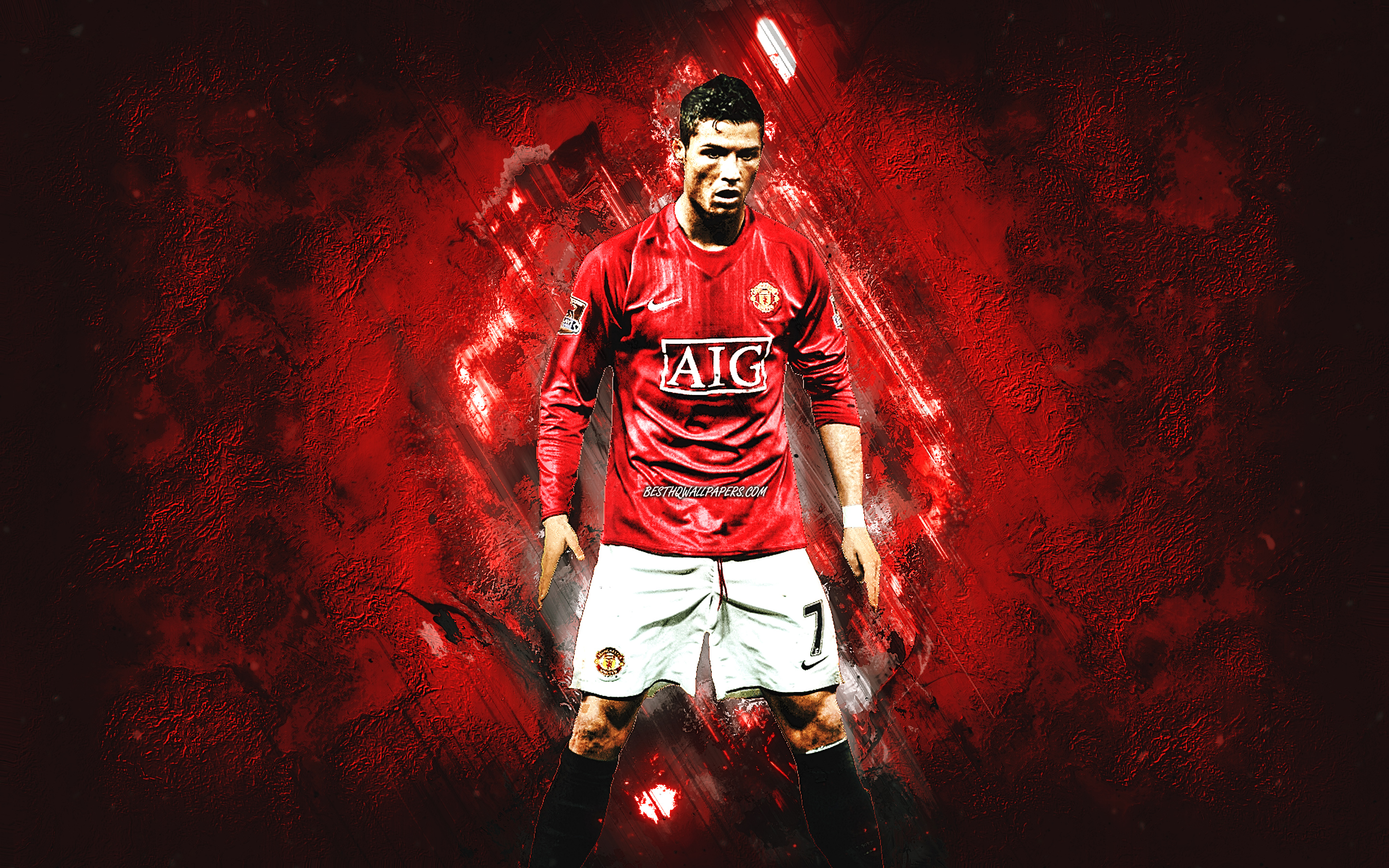 Download wallpaper Cristiano Ronaldo, CR Manchester United FC, young Ronaldo, Premier League, red stone background, football, grunge art, England for desktop with resolution 2880x1800. High Quality HD picture wallpaper