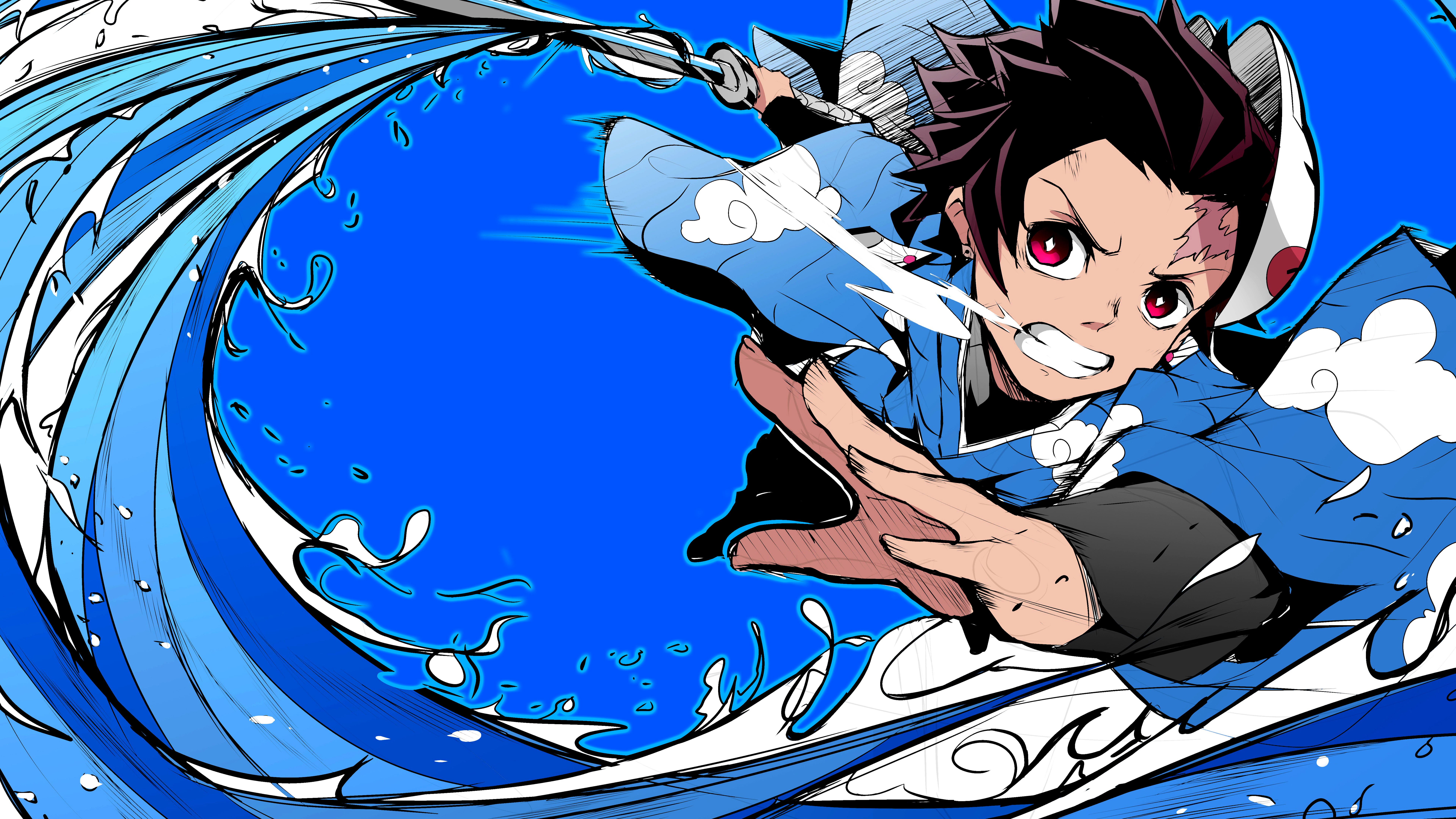 Demon Slayer Tanjiro Kamado With Sword With Blue Background 4K 8K HD Anime Wallpaper