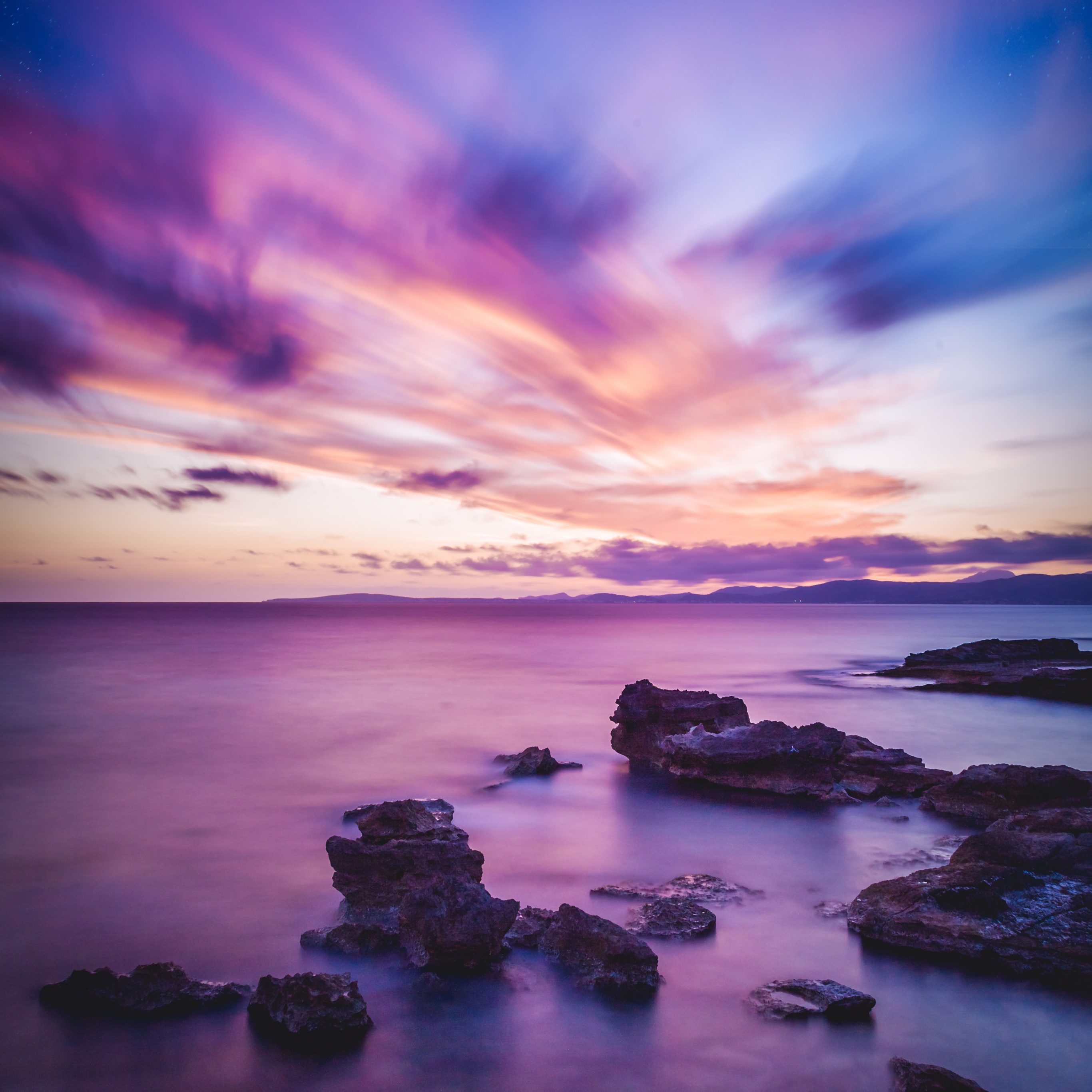 Seascape Wallpaper 4K, Sunset, Horizon, Purple, Ocean, Rock formations, Nature