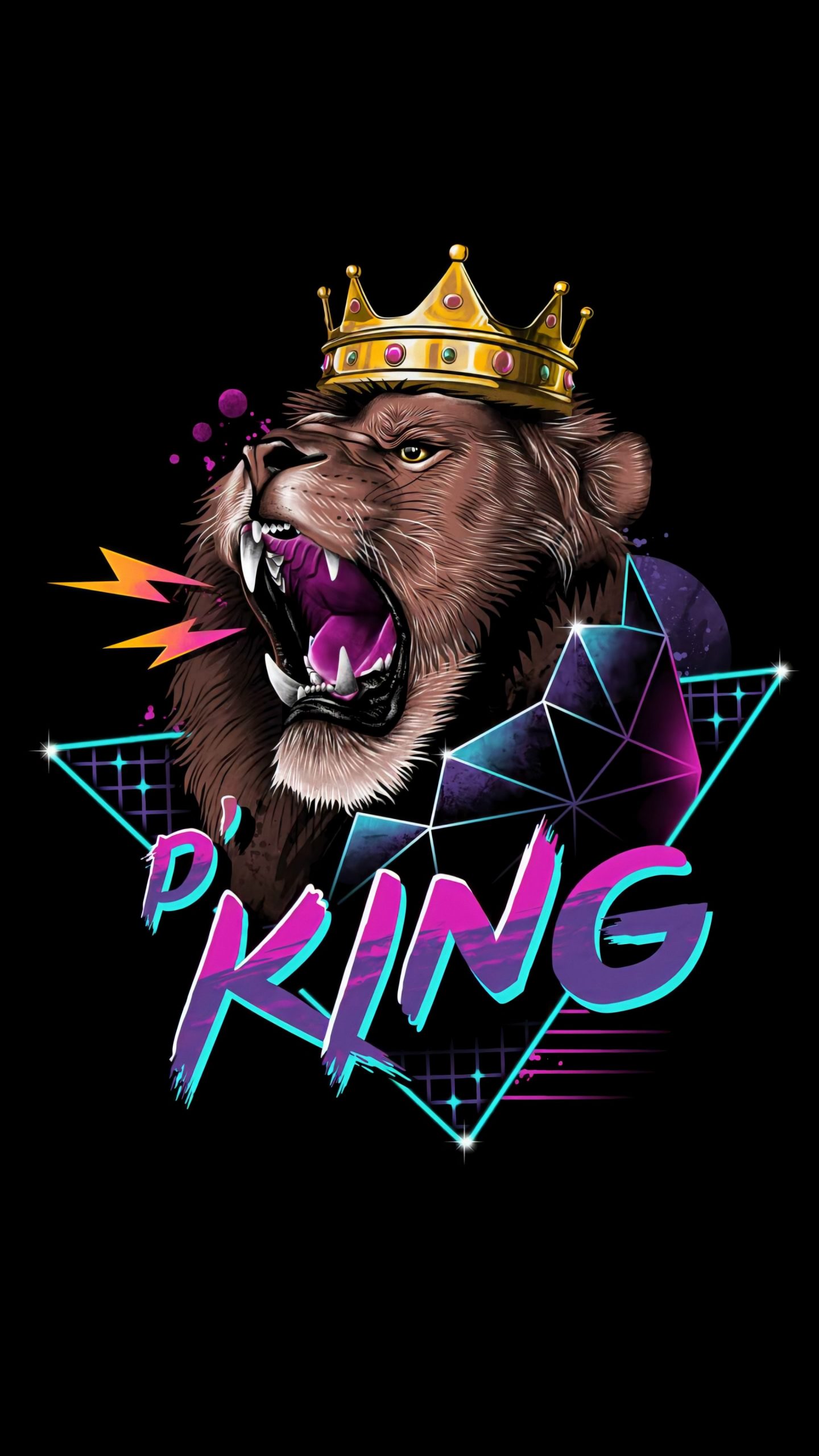 King Lion With Crown Neon Light 4K Amoled Wallpaper