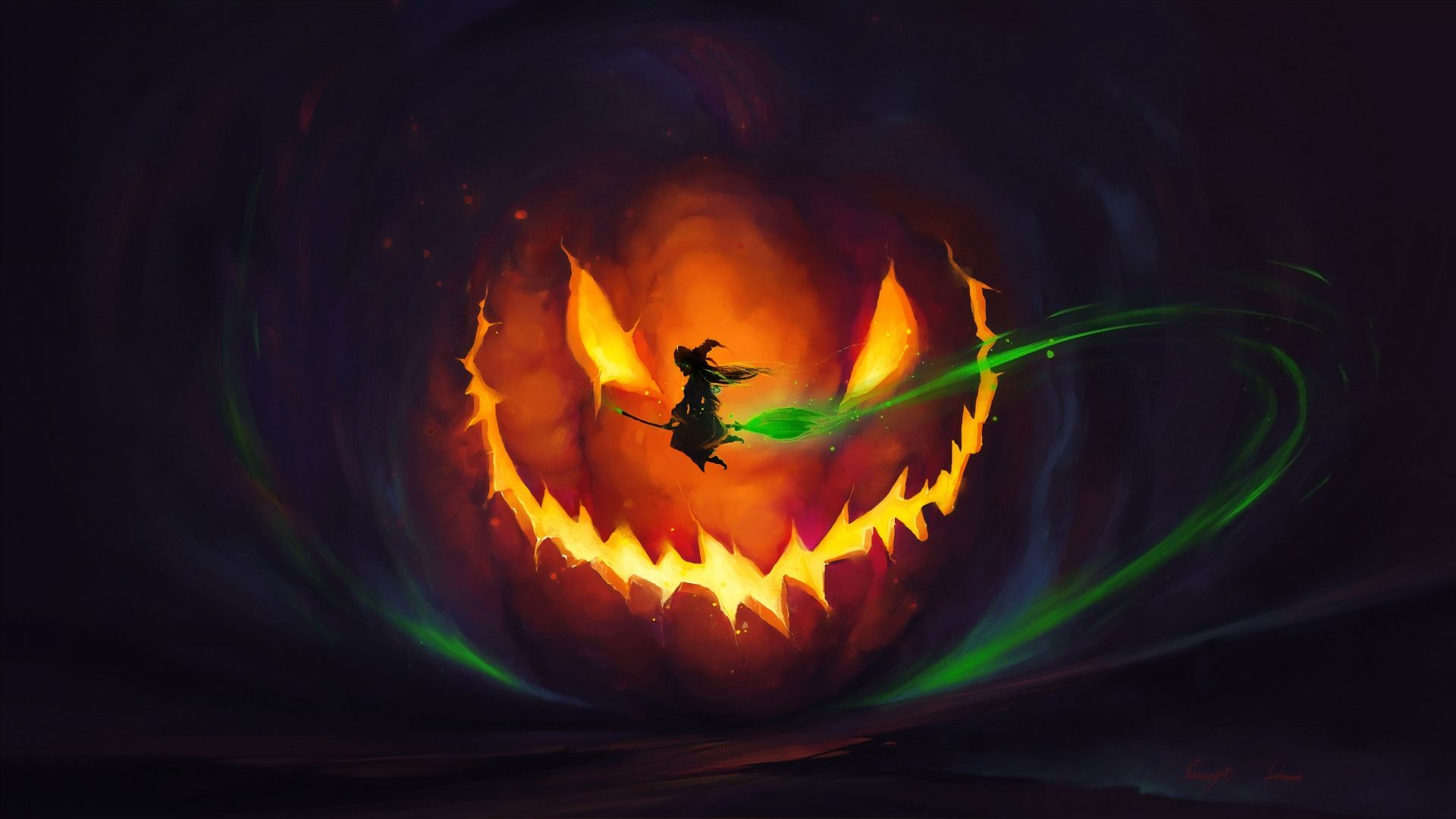 halloween, witch, flight, pumpkin glow, art wallpaper, HD image, picture, background, 3ca87b