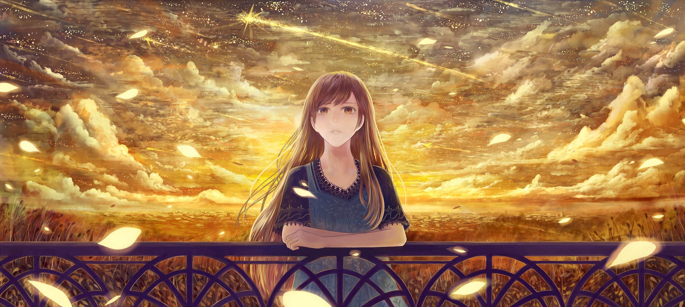 Girl Fence Starry Sky Majestic Sad Anime Wallpaper On The Bridge Anime
