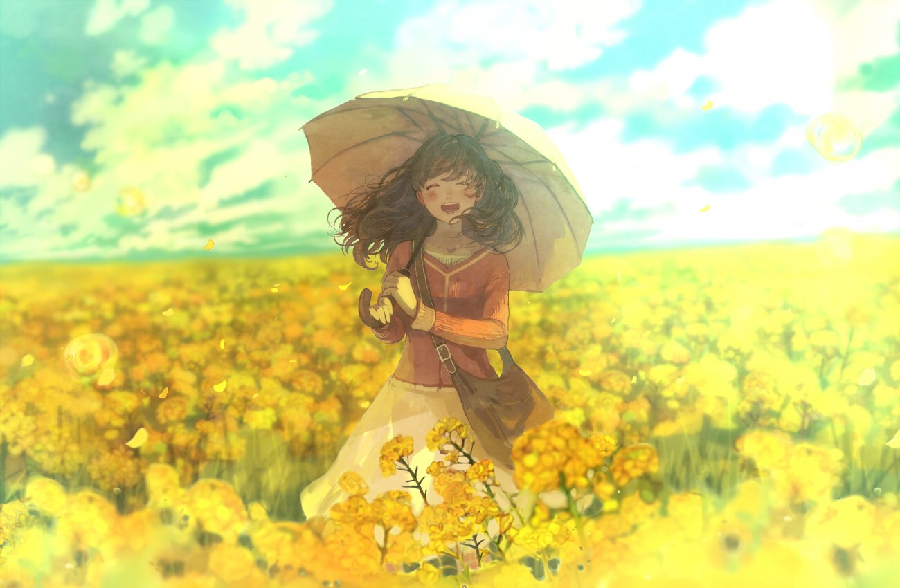 clouds dress flowers original petals pon (cielo) sky umbrella yellow. konachan.com.com Anime Wallpaper