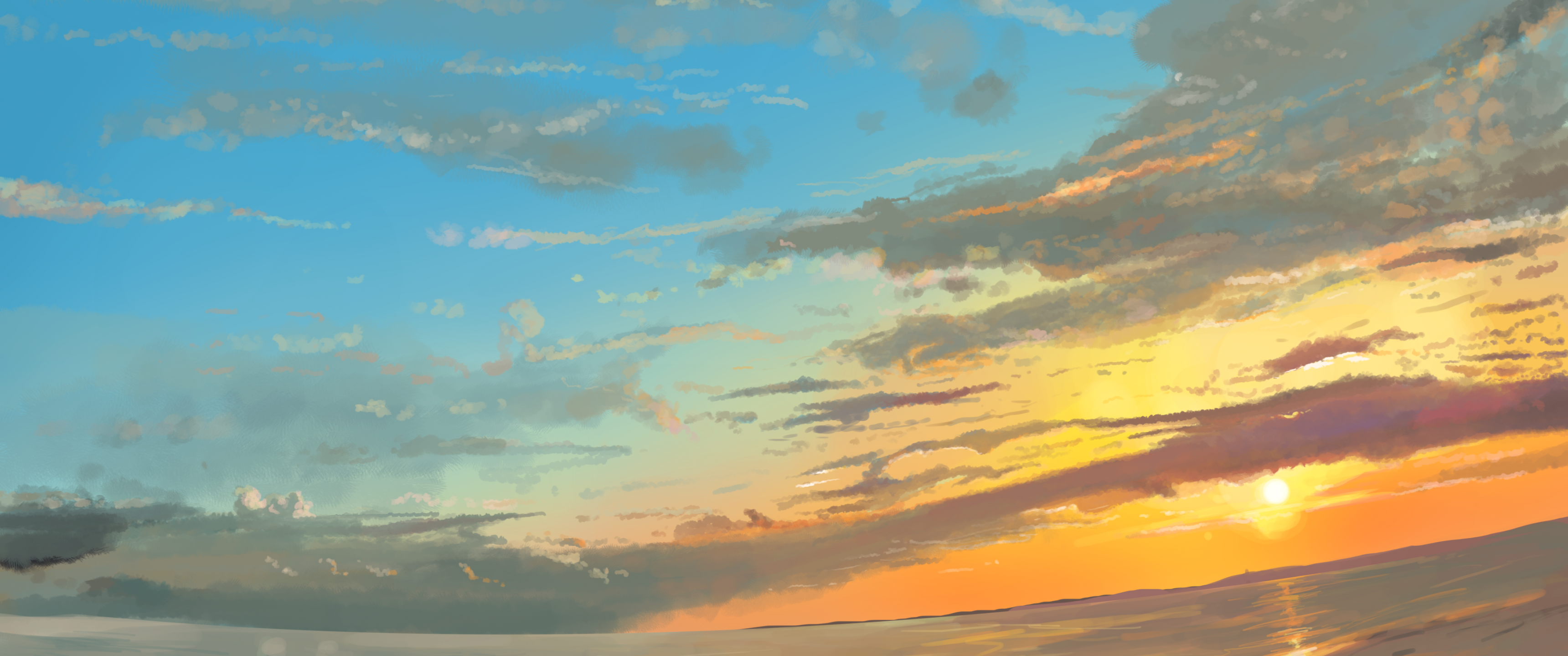 Download 3440x1440 Anime Scenic, Landscape, Sky, Sunset, Horizon, Sea Wallpaper