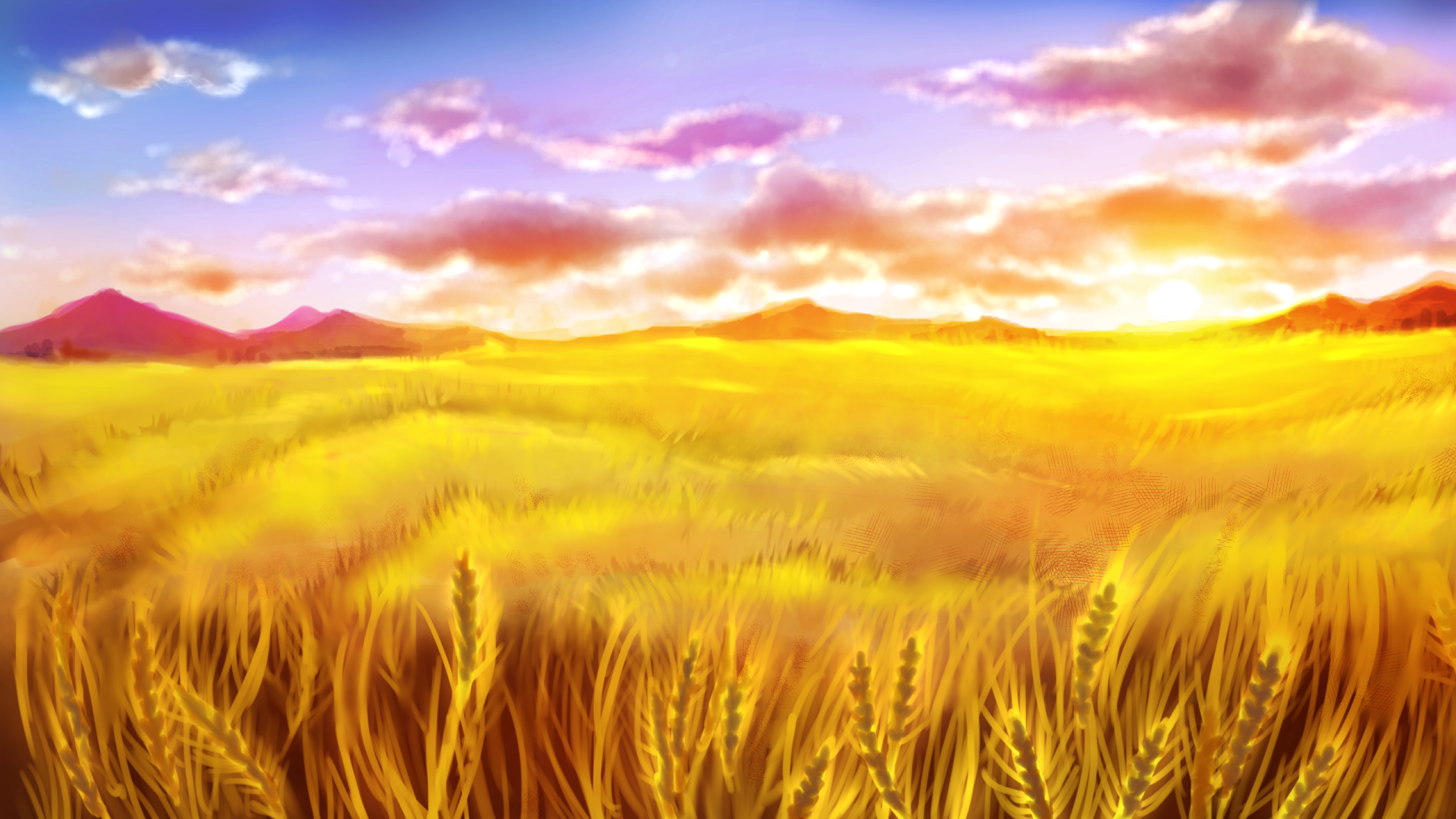 Download 2560x1440 Jaeger Sixth, Anime Landscape, Field, Clouds, Sky, Scenery Wallpaper for iMac 27 inch