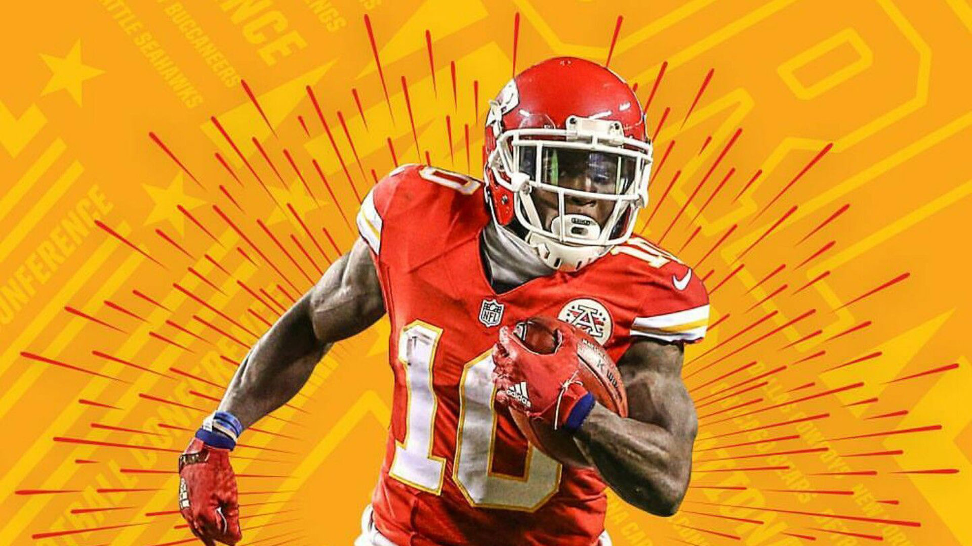 Pro Bowl Tyreek Hill Is Holding Football With One Hand Wearing Red Sports Dress And Helmet HD Tyreek Hill Wallpaper