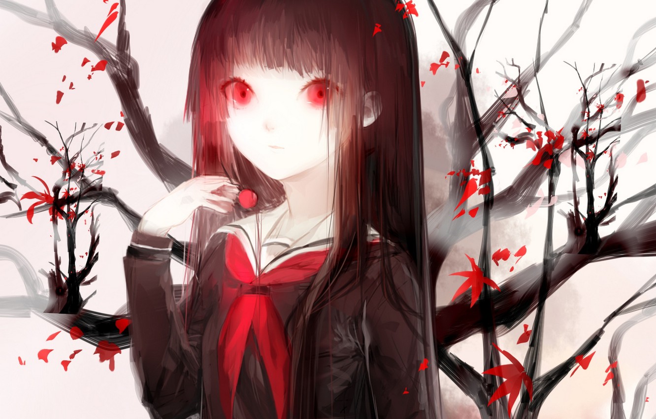 Wallpaper leaves, girl, branch, anime, art, form, schoolgirl, sayuki, hell girl, enma ai, hell girl image for desktop, section сэйнэн