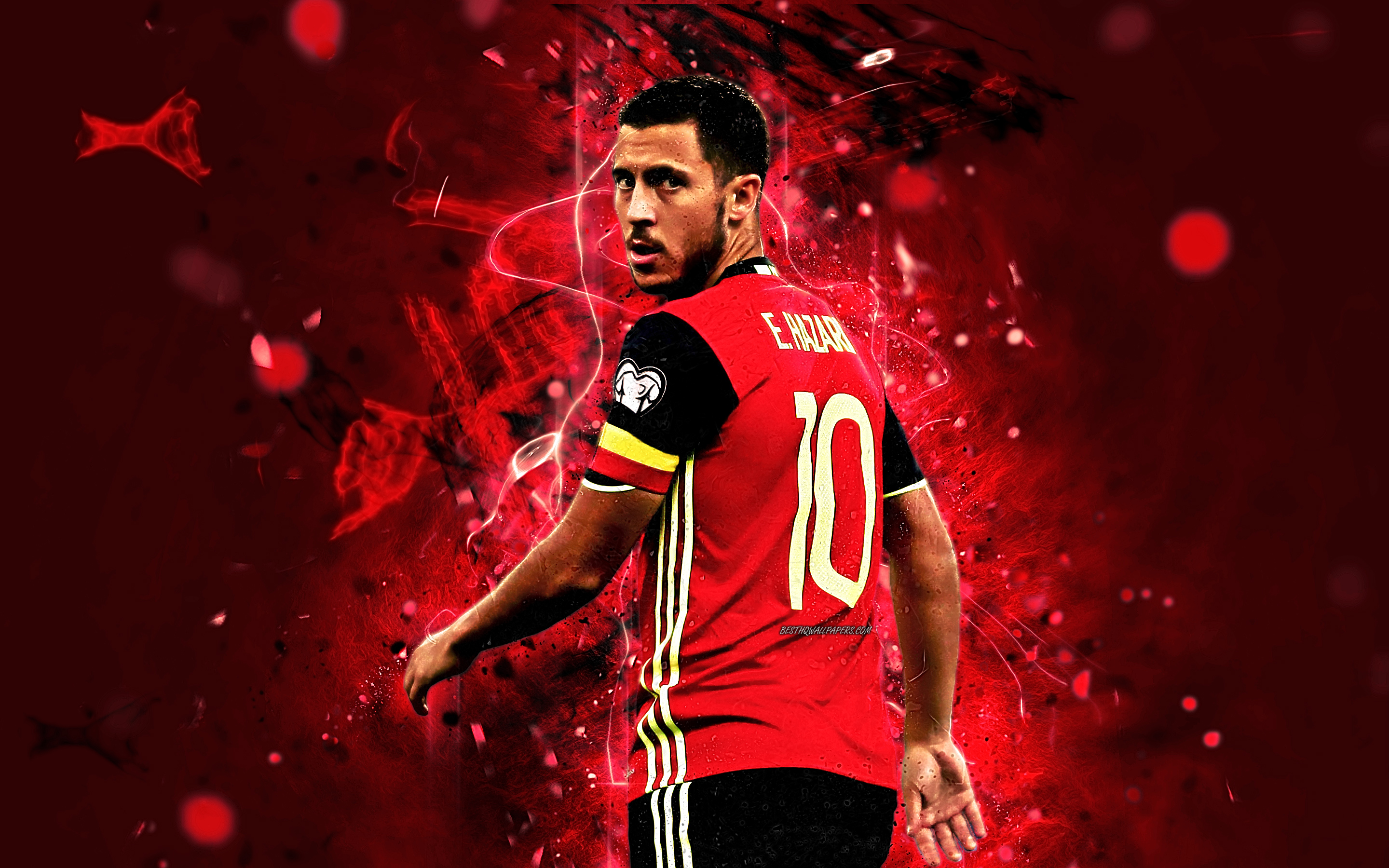 Download wallpaper Eden Hazard, back view, Belgium National Team, fan art, Hazard, soccer, footballers, neon lights, Belgian football team for desktop with resolution 2880x1800. High Quality HD picture wallpaper