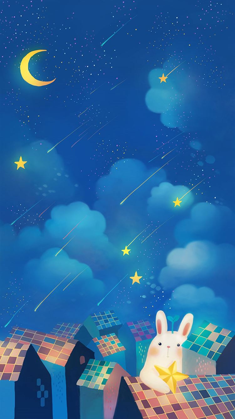 Romantic Night Moon Star Clouds Sky Rabbit House Top iPhone 8 Wallpaper Free Download