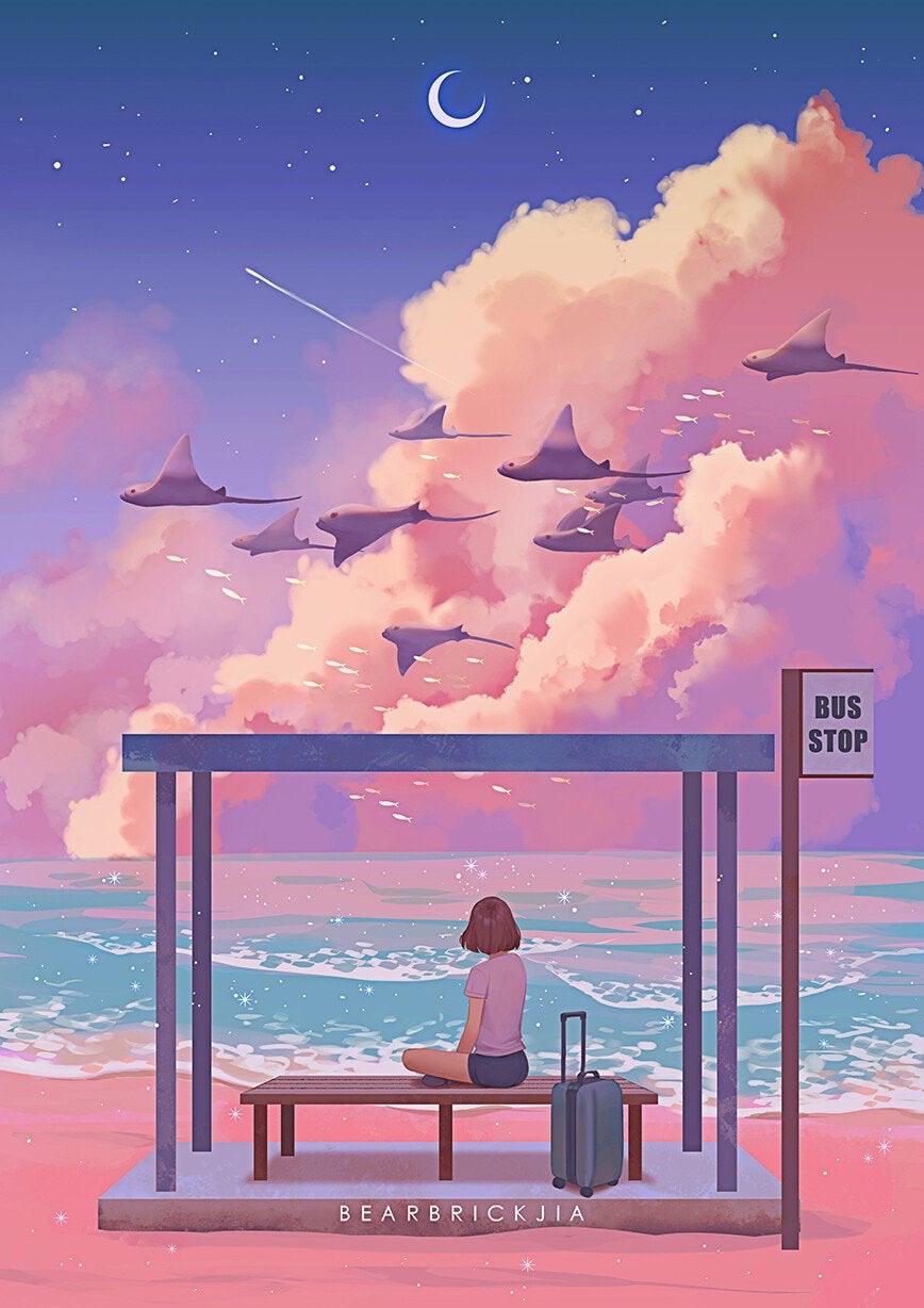 Can anyone point me in the direction of a wallpaper similar in color and style to this? I quite like the whole, Fish in the pink sky vibe