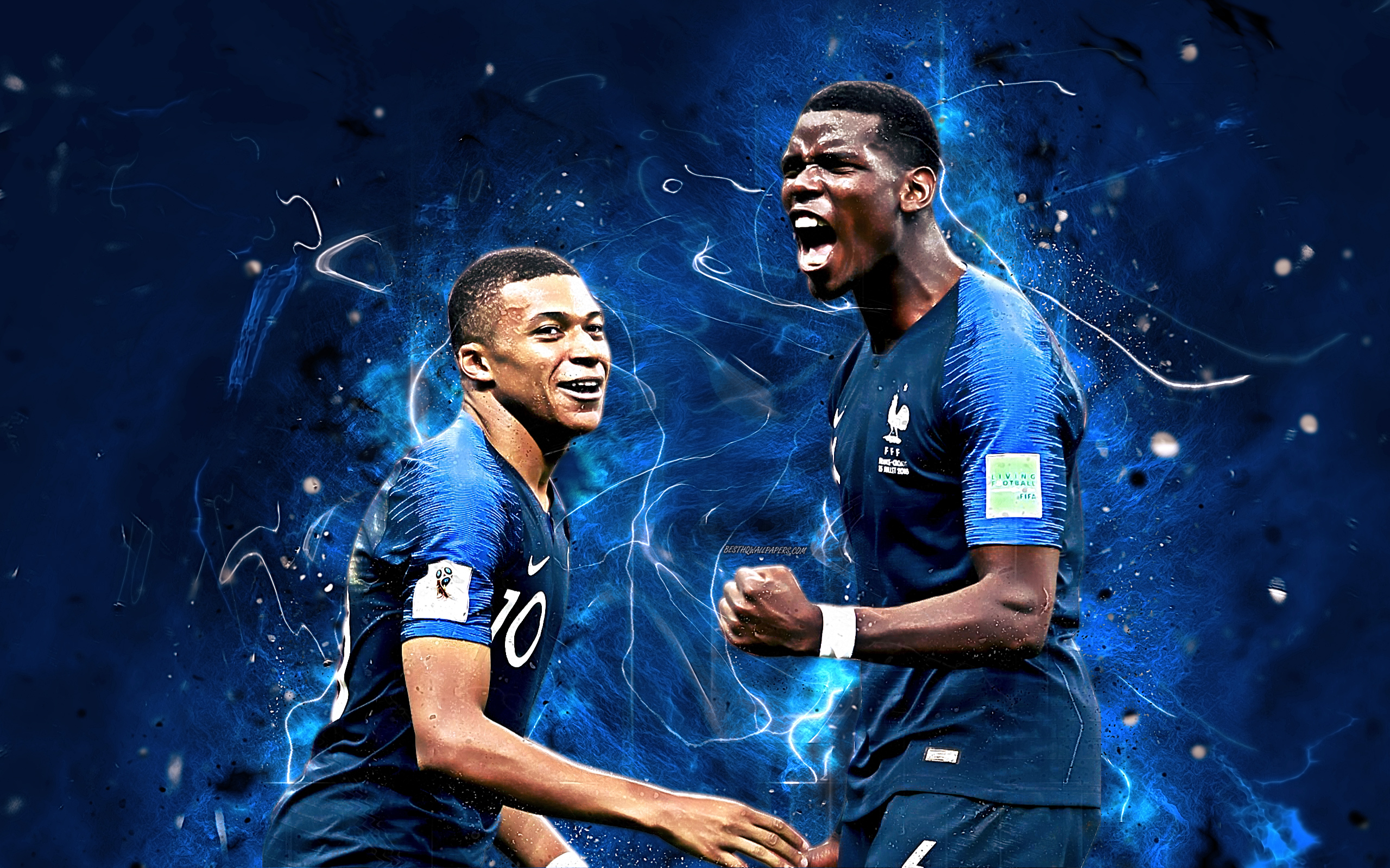 Download wallpaper Kylian Mbappe, Paul Pogba, football stars, France National Team, fan art, Pogba, Mbappe, soccer, footballers, FFF, neon lights, French football team for desktop with resolution 2560x1600. High Quality HD picture