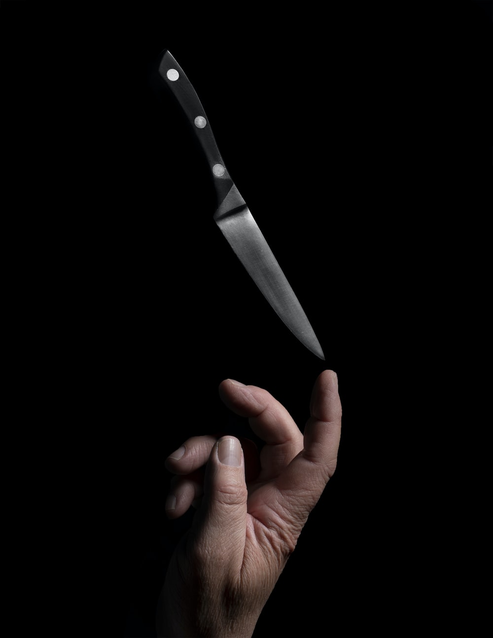 person holding stainless steel bread knife photo