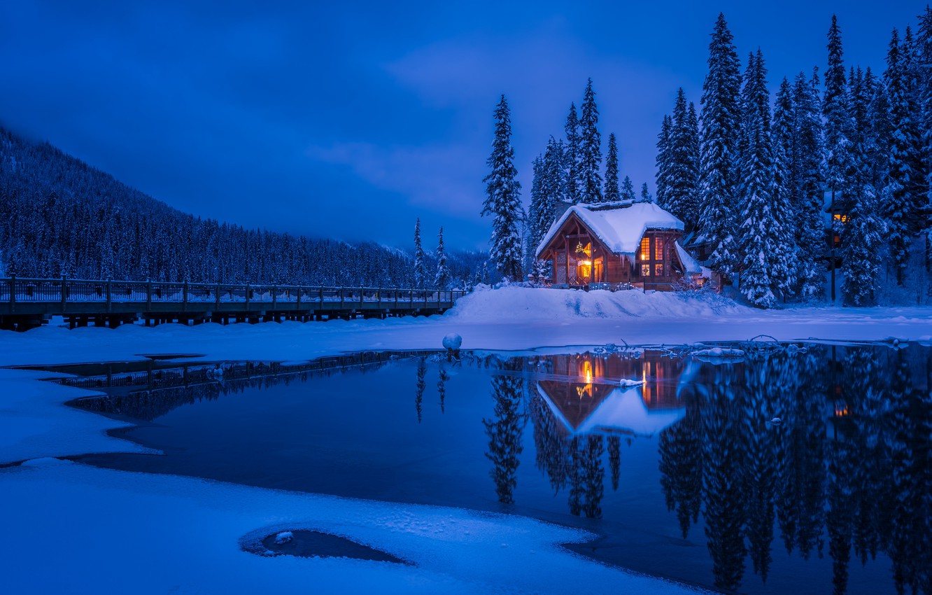 Wallpaper winter, snow, forrest, lake house image for desktop, section природа