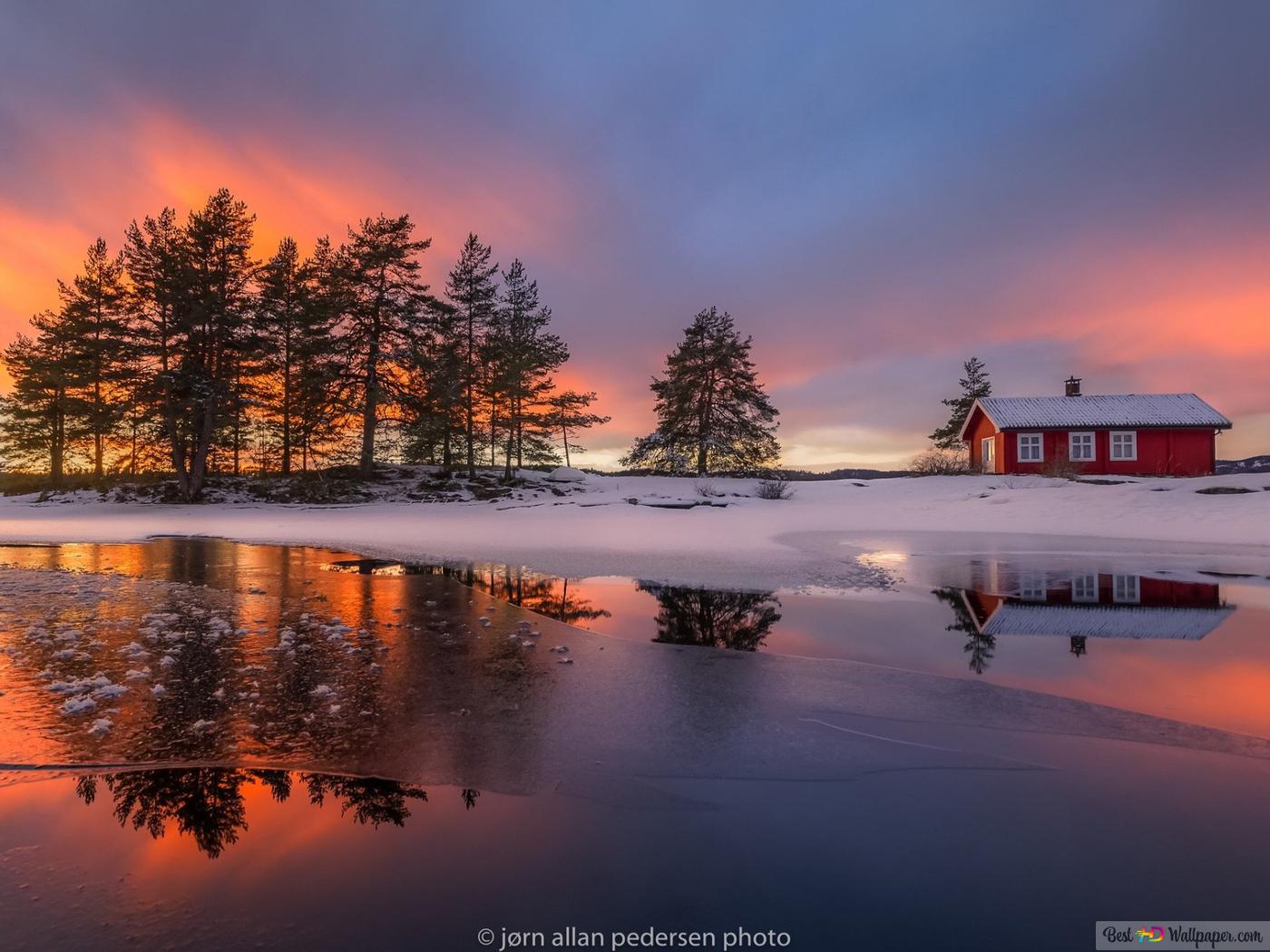 House and nature reflection on winter lake HD wallpaper download