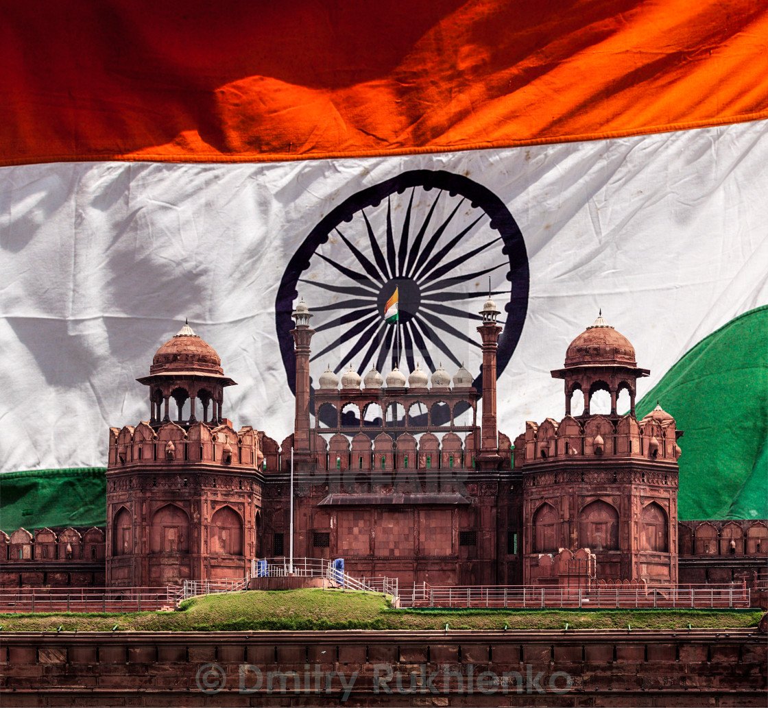 India travel national background Fort (Lal Qila) Delhi against Indian national flag background. Delhi, India, download or print for £12.39