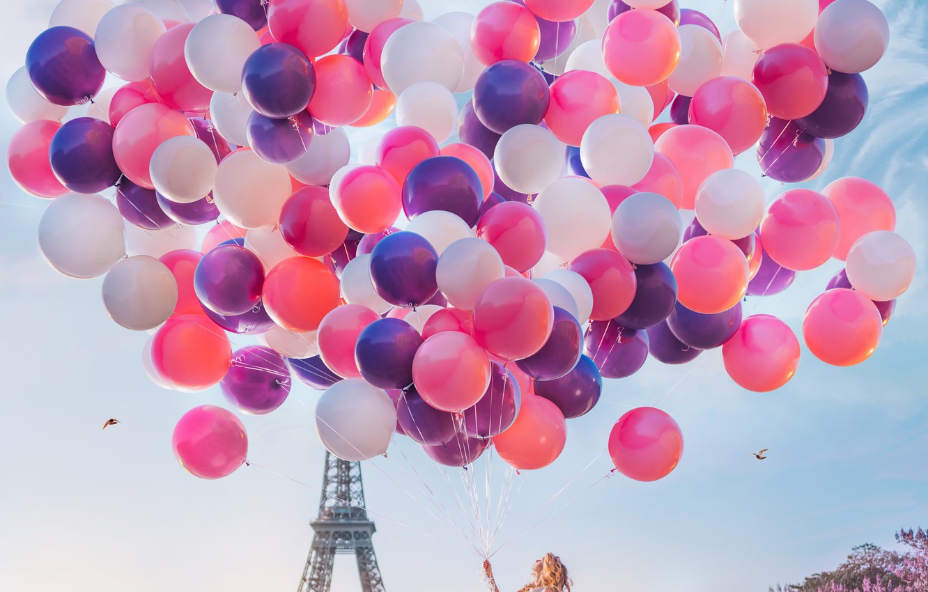 Wallpaper girl, balls, balloons, mood, France, Paris, dress, Eiffel tower, a lot, the parapet, Kristina Makeeva image for desktop, section настроения