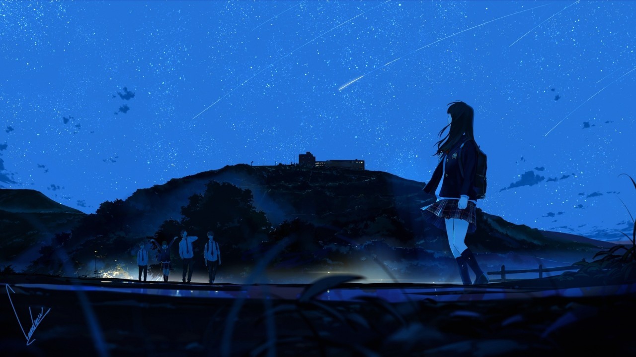 Anime Girl, School Friends, Night, Stars, Sky, School Girl Black Hair At Night
