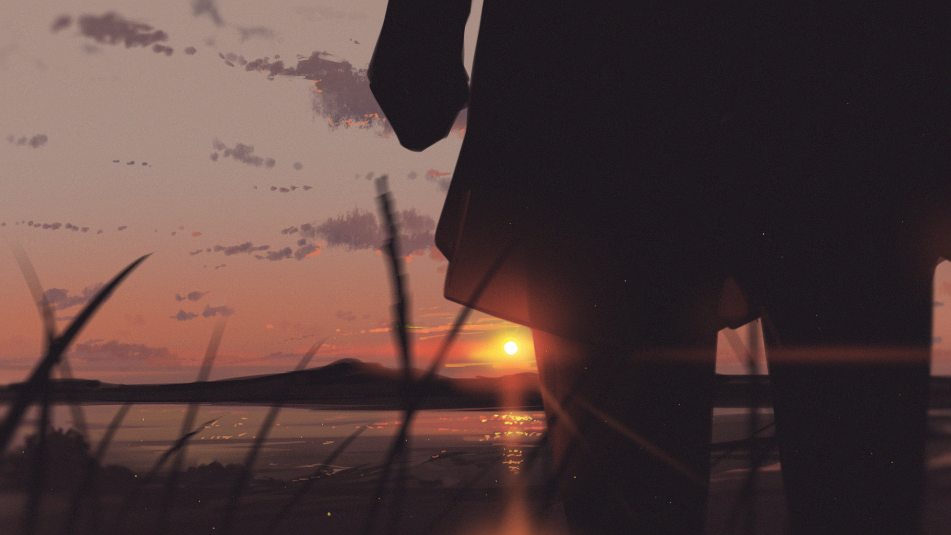 Anime Girls Sunset Landscape Lake Sky Arttssam Wallpaper:1920x1080