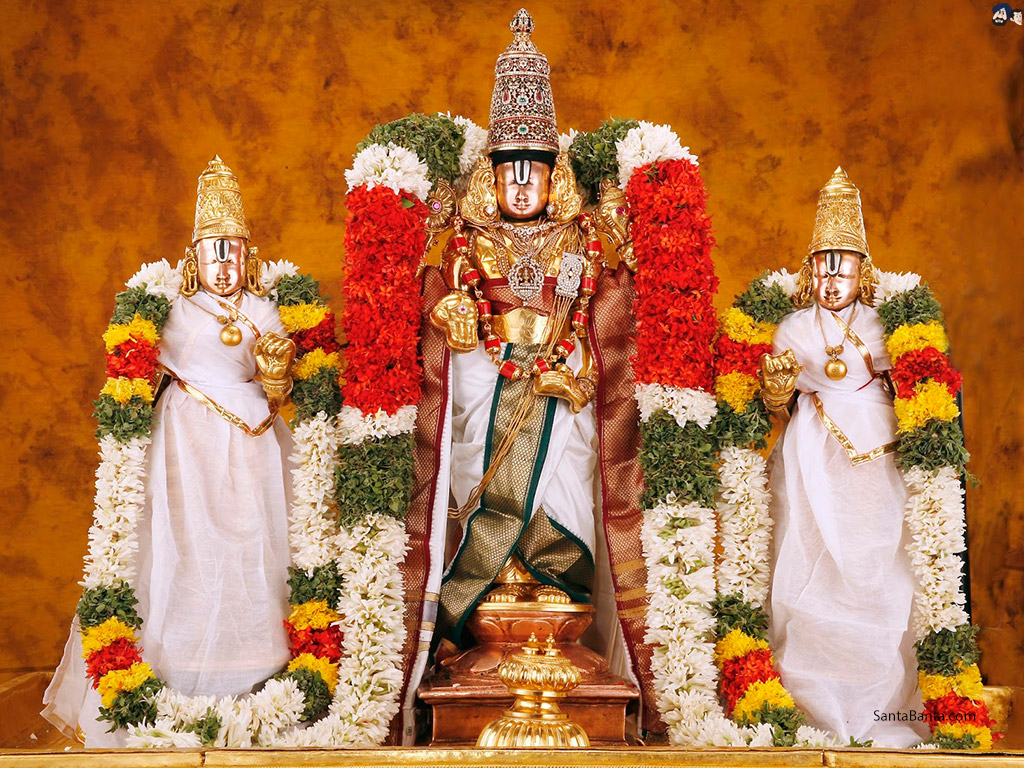 Lord Venkateswara flanked by his 2 wives, Goddess SriDevi & Goddess BhuDevi or BhooDevi
