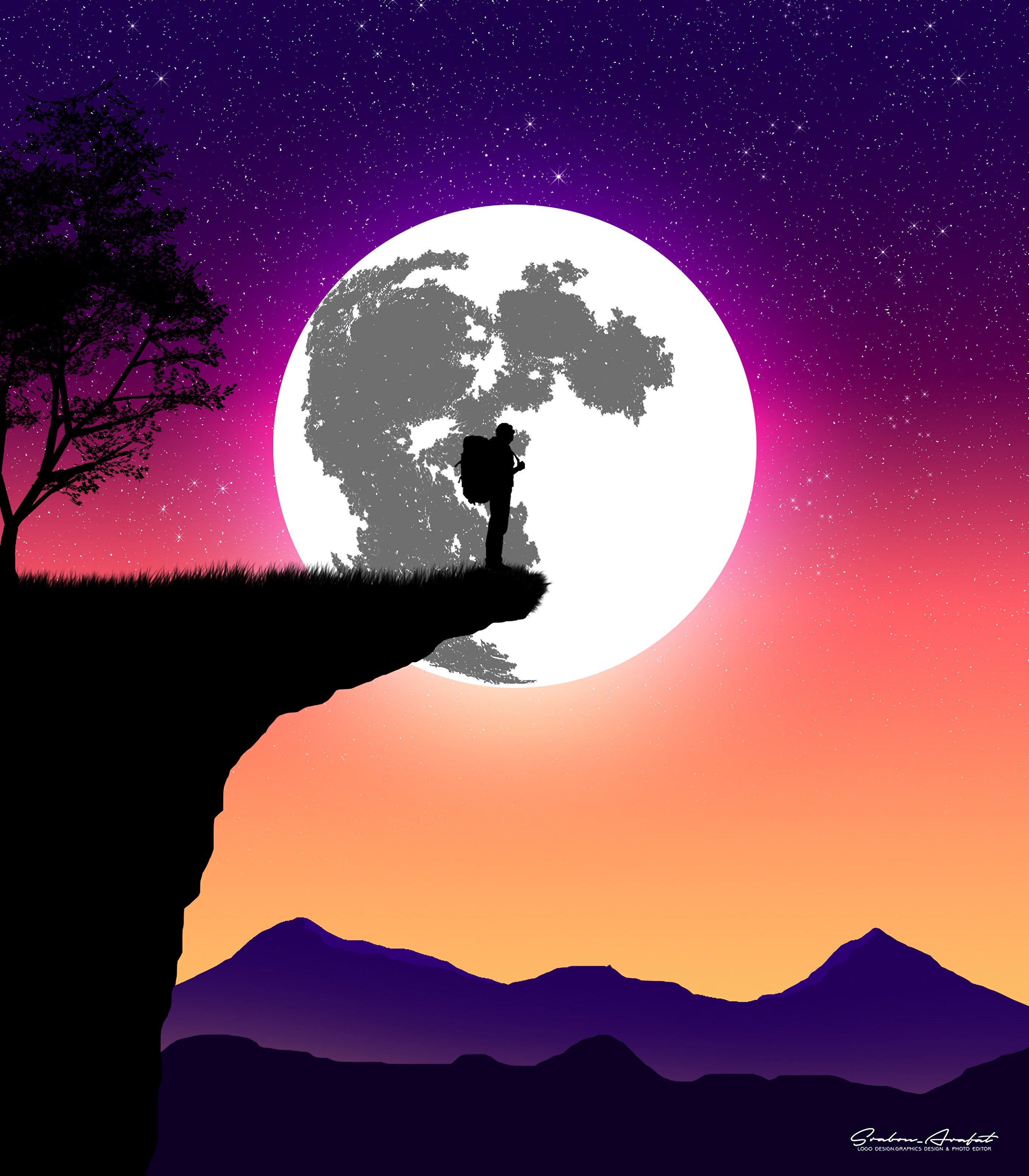 Download wallpaper 2800x3200 silhouette, moon, art, vector, cliff, night HD background