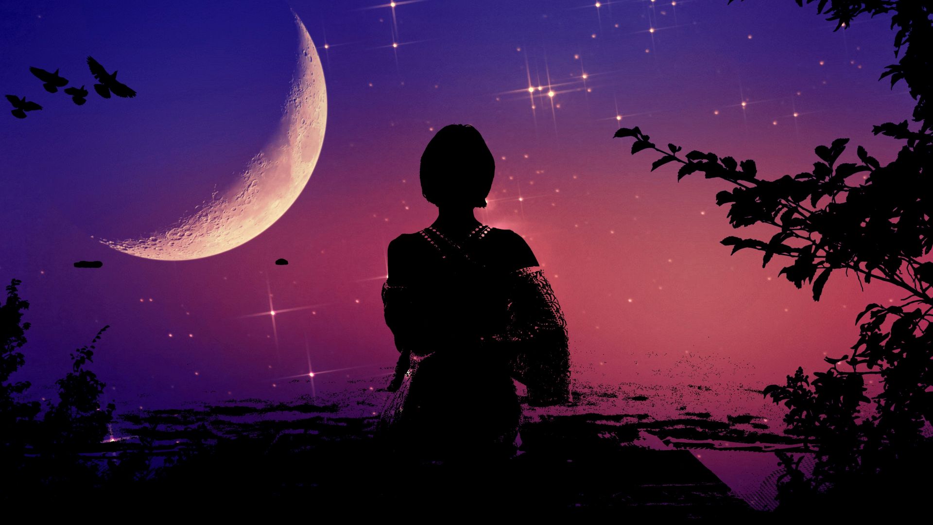 Night, moon, woman, digital art wallpaper, HD image, picture, background, 25718e