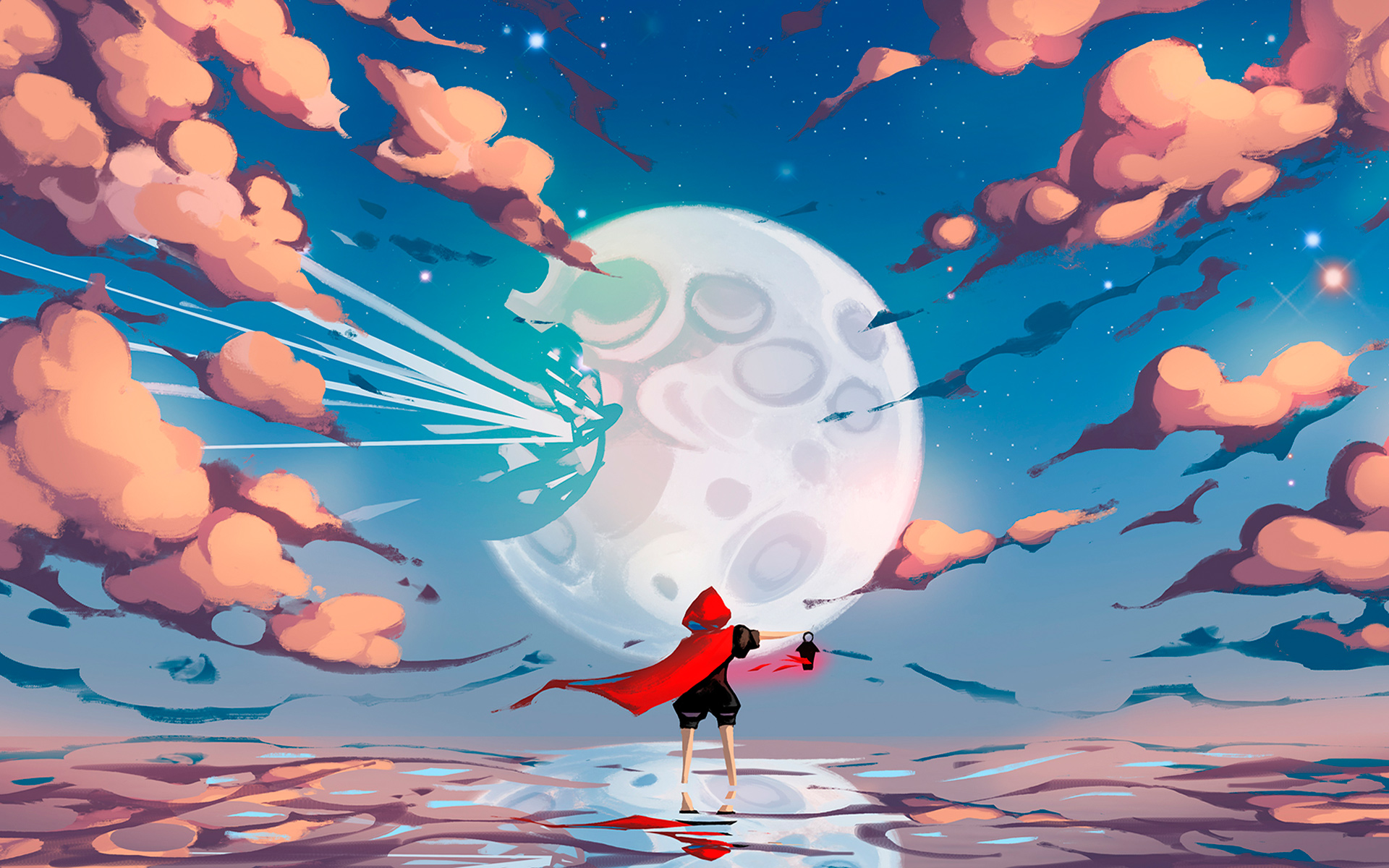 Desktop Wallpaper Red Riding Hood Clouds Moon Artwork, HD Image, Picture, Background, Cskfts