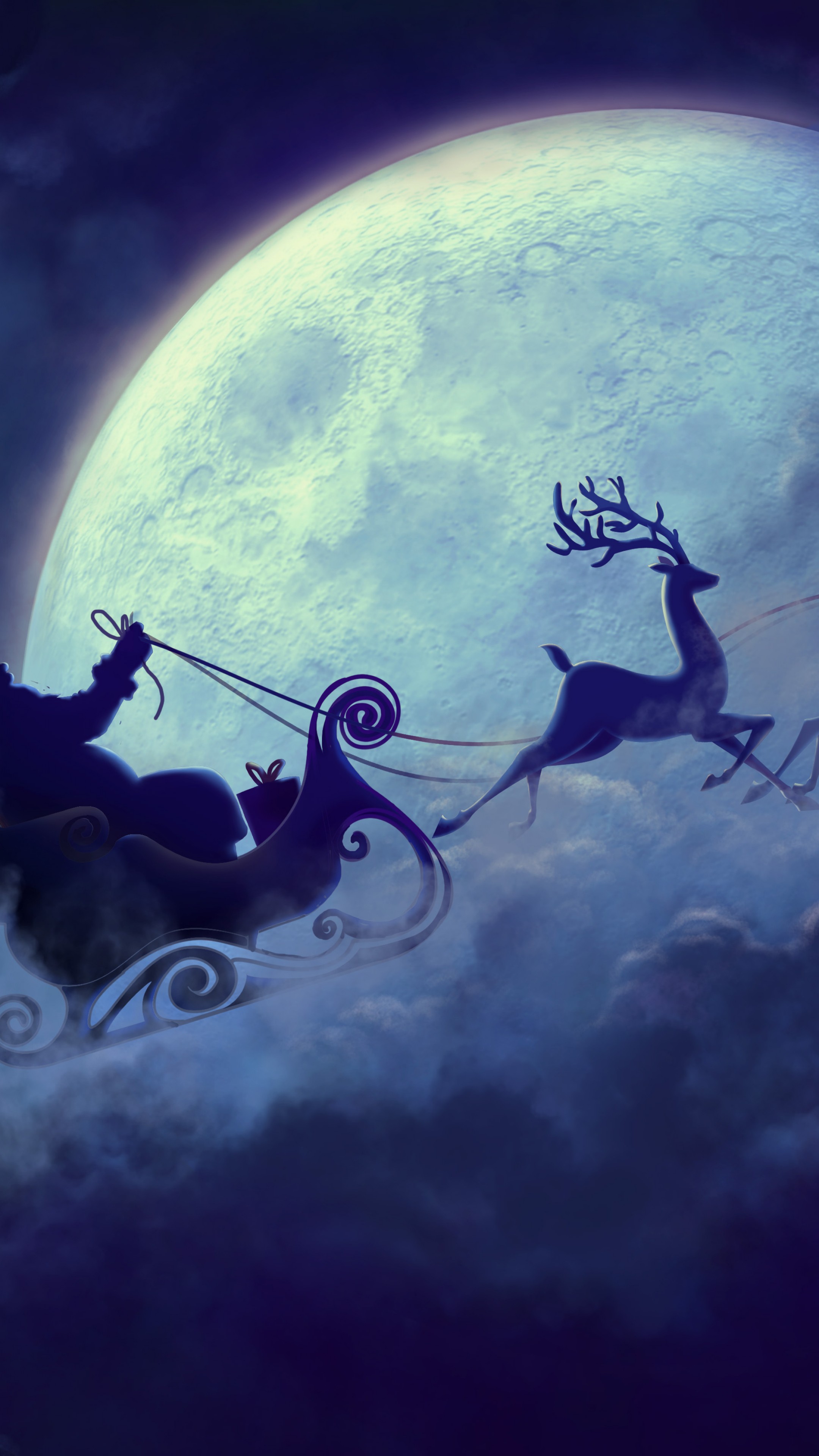 santa wallpaper, moon, sky, moonlight, reindeer, illustration, astronomical object, celestial event, space, fictional character, mythology