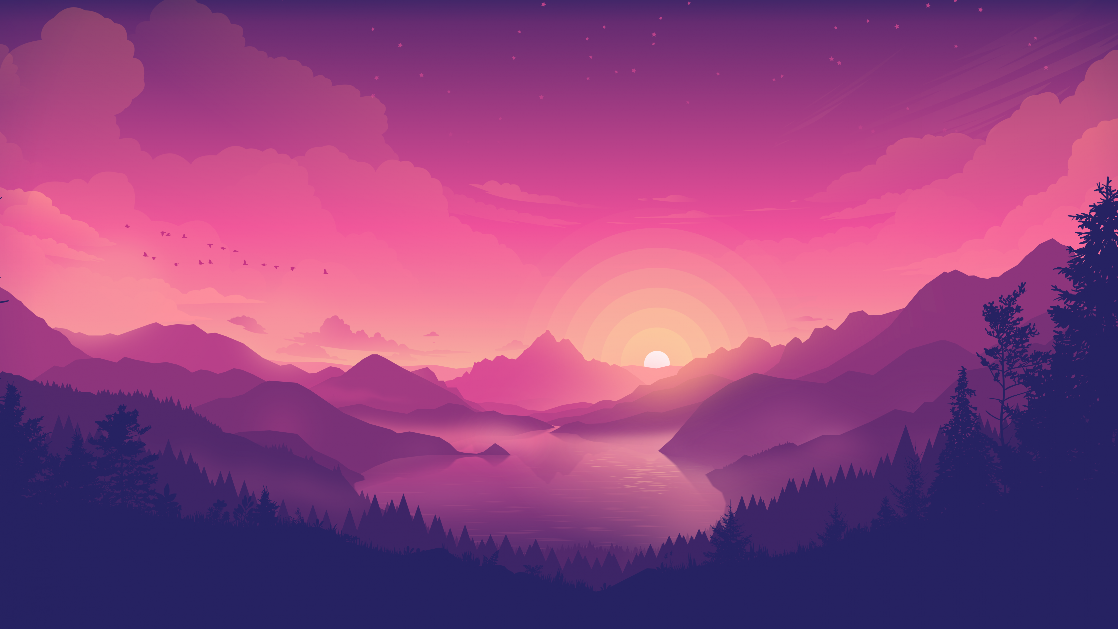 Lakeside Wallpaper 4K, Pink sky, Sunset, Minimal art, Nature