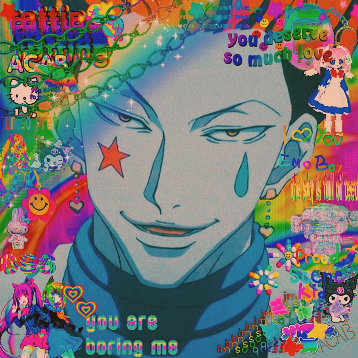 hisoka glitchcore. Hello kitty iphone wallpaper, Cute anime wallpaper, Glitchcore anime