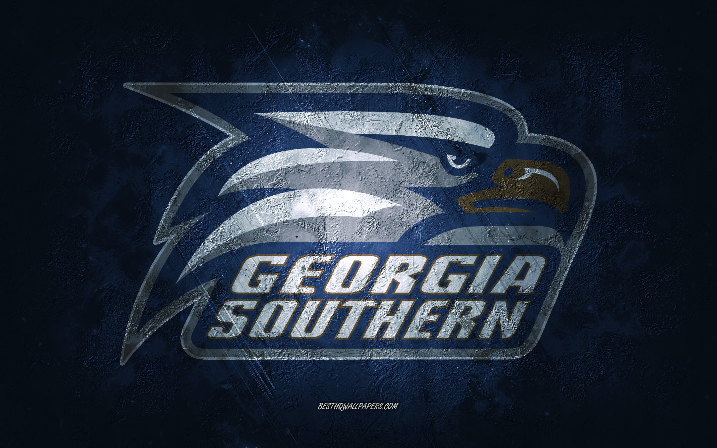Download wallpaper Georgia Southern Eagles, American football team, blue background, Georgia Southern Eagles logo, grunge art, NCAA, American football, USA, Georgia Southern Eagles emblem for desktop with resolution 2880x1800. High Quality HD