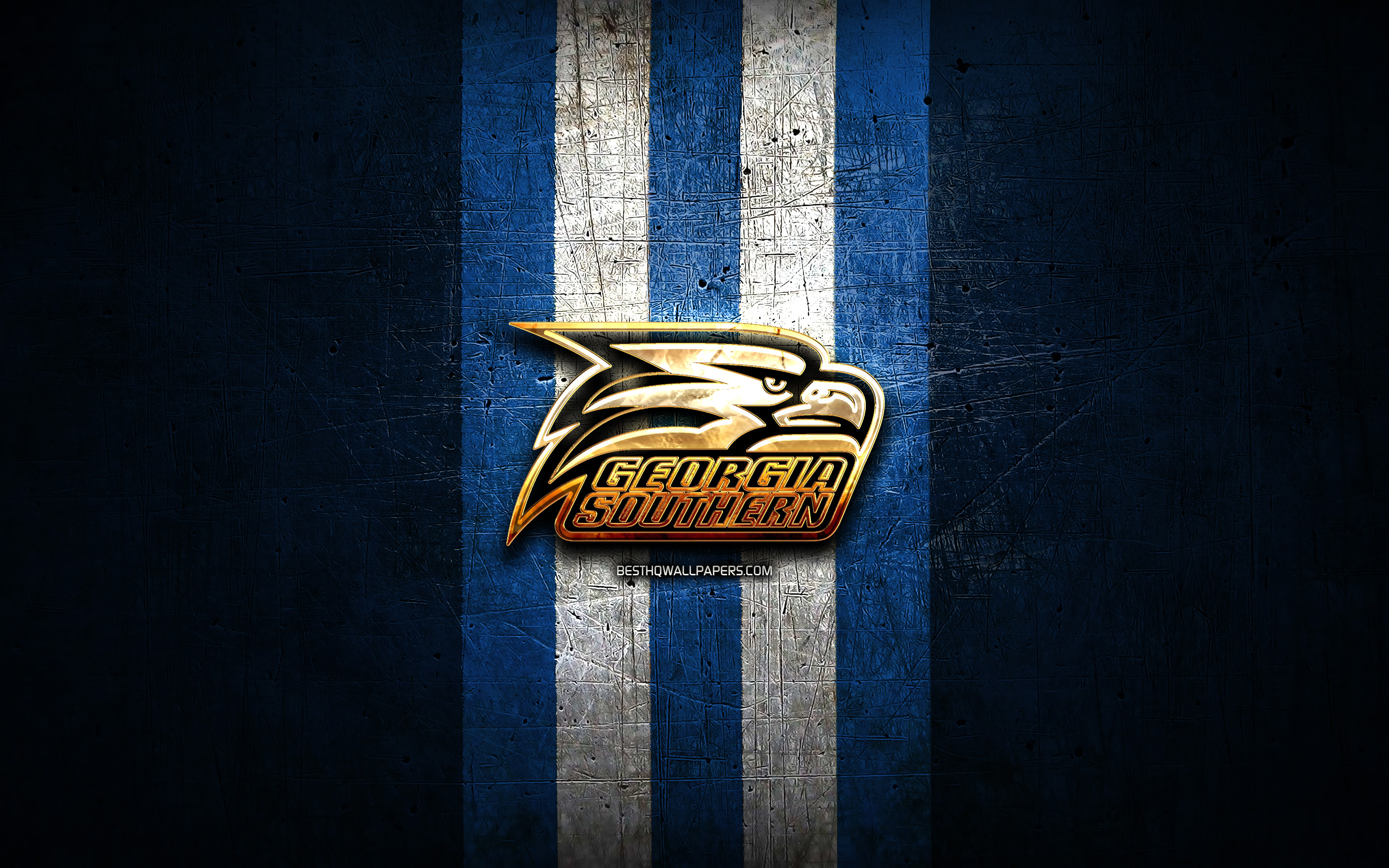 Download wallpaper Georgia Southern Eagles, golden logo, NCAA, blue metal background, american football club, Georgia Southern Eagles logo, american football, USA for desktop with resolution 2880x1800. High Quality HD picture wallpaper