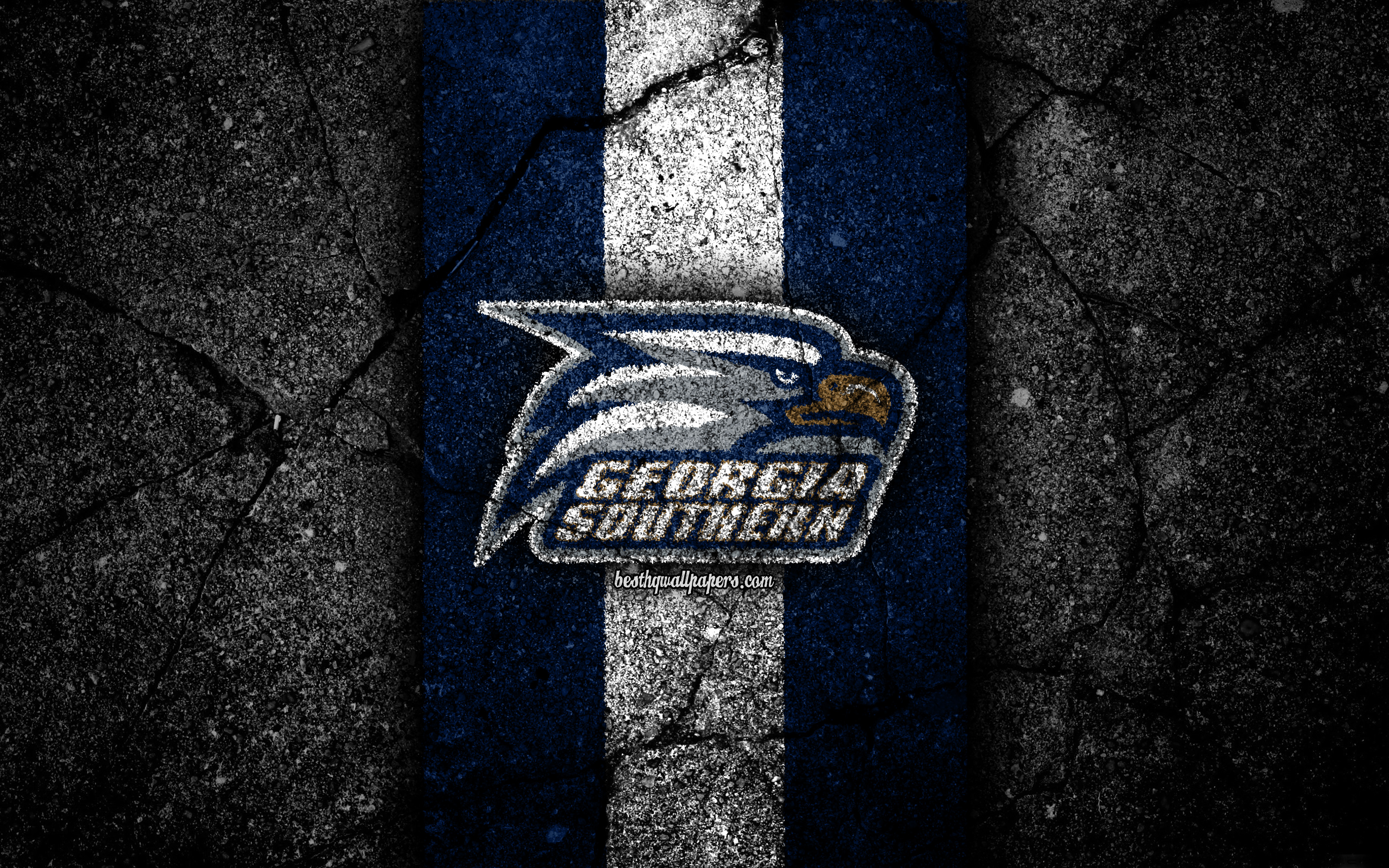 Download wallpaper Georgia Southern Eagles, 4k, american football team, NCAA, blue white stone, USA, asphalt texture, american football, Georgia Southern Eagles logo for desktop with resolution 3840x2400. High Quality HD picture wallpaper