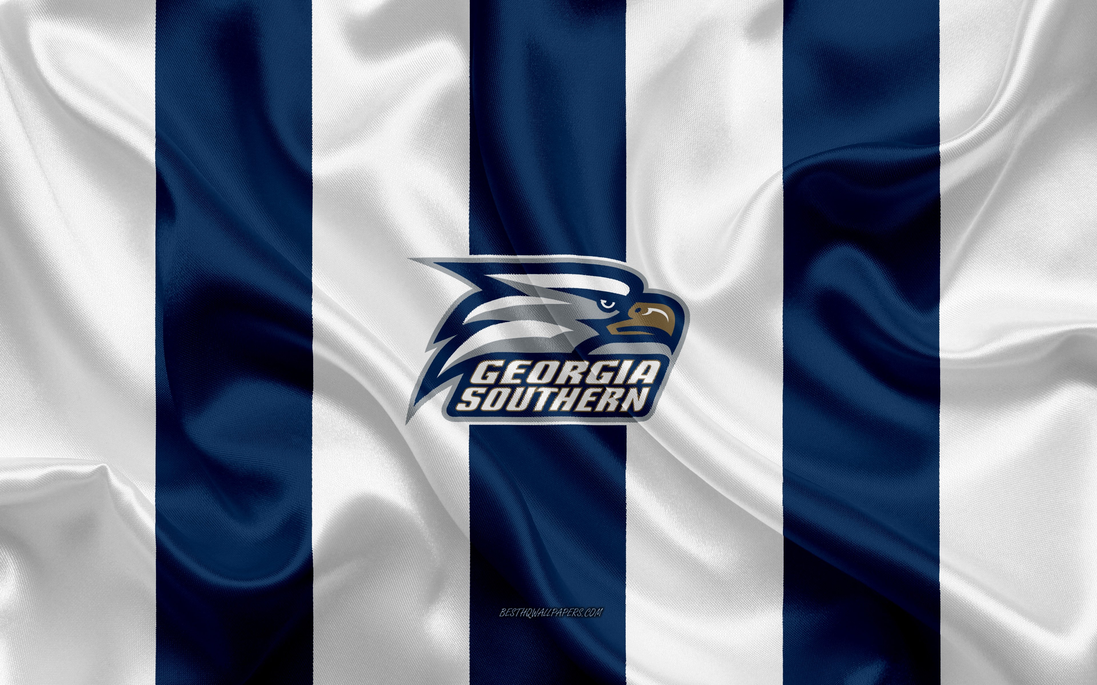 Download wallpaper Georgia Southern Eagles, American football team, emblem, silk flag, blue and white silk texture, NCAA, Georgia Southern Eagles logo, Statesboro, Georgia, USA, American football for desktop with resolution 3840x2400. High